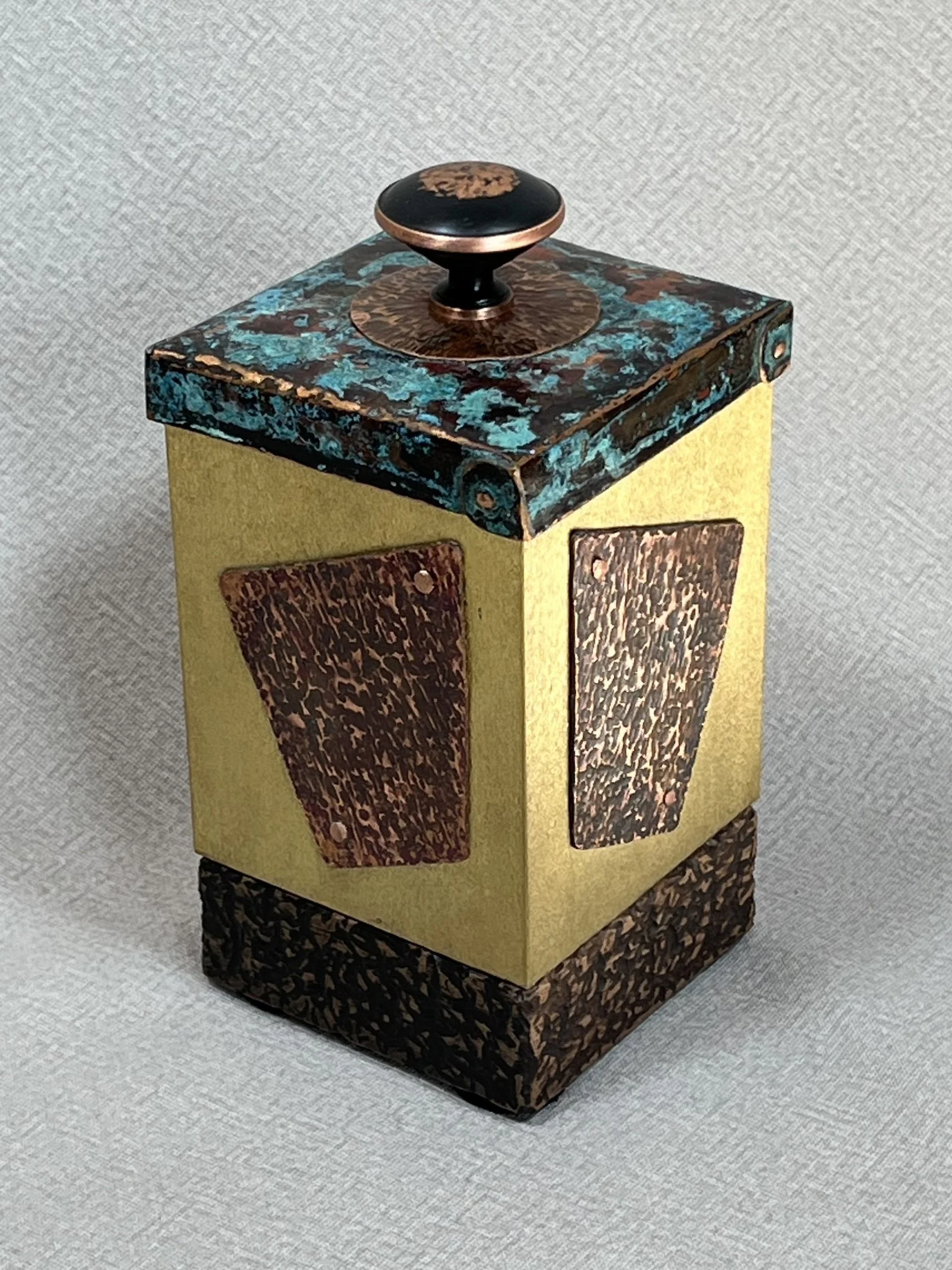 "Brass Box With Copper Lid", green patina, 3" x 3" x 6.5", $125 SOLD