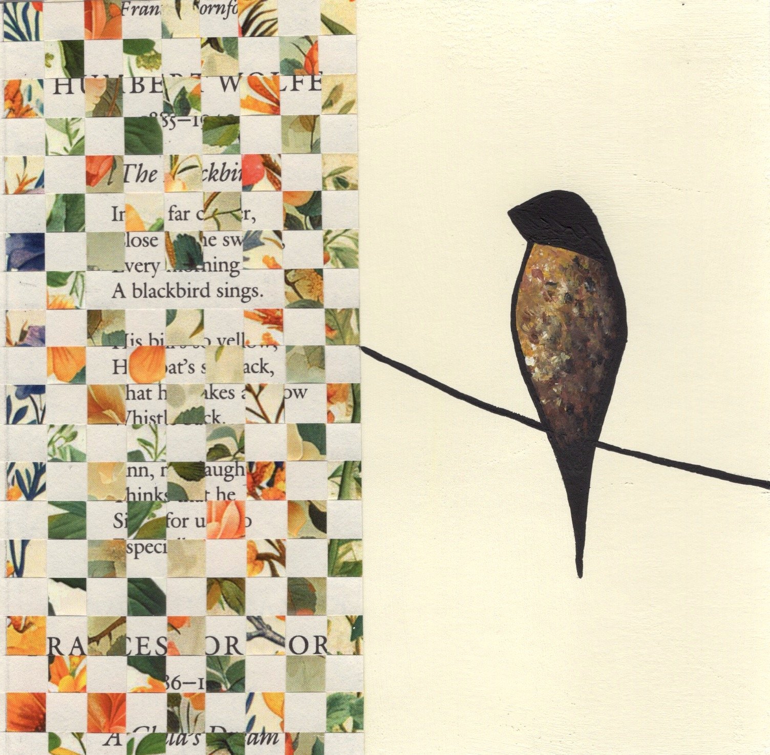 "The Blackbird", painted paper weaving, 8" x 8", $110 (framed) SOLD