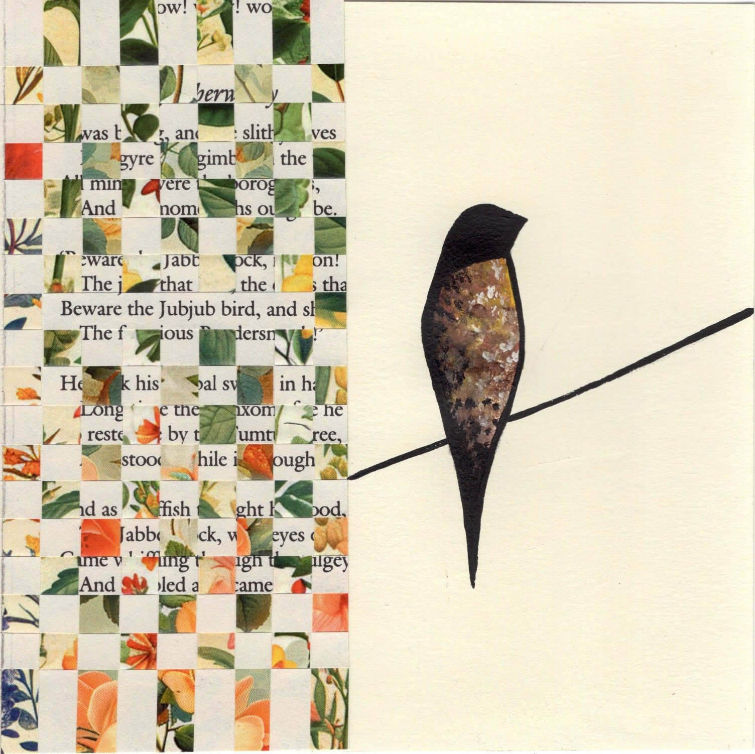 "The Jubjub Bird & The Jabberwocky", painted paper weaving, 8" x 8", $110 (framed) SOLD