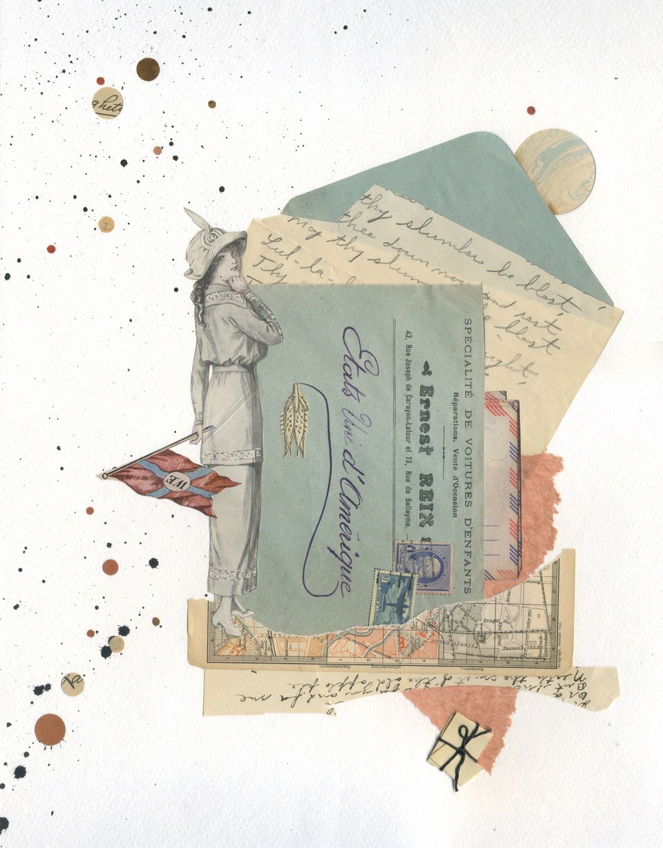 "Until We Meet", vintage paper collage, 19" x 14", $375 (framed)