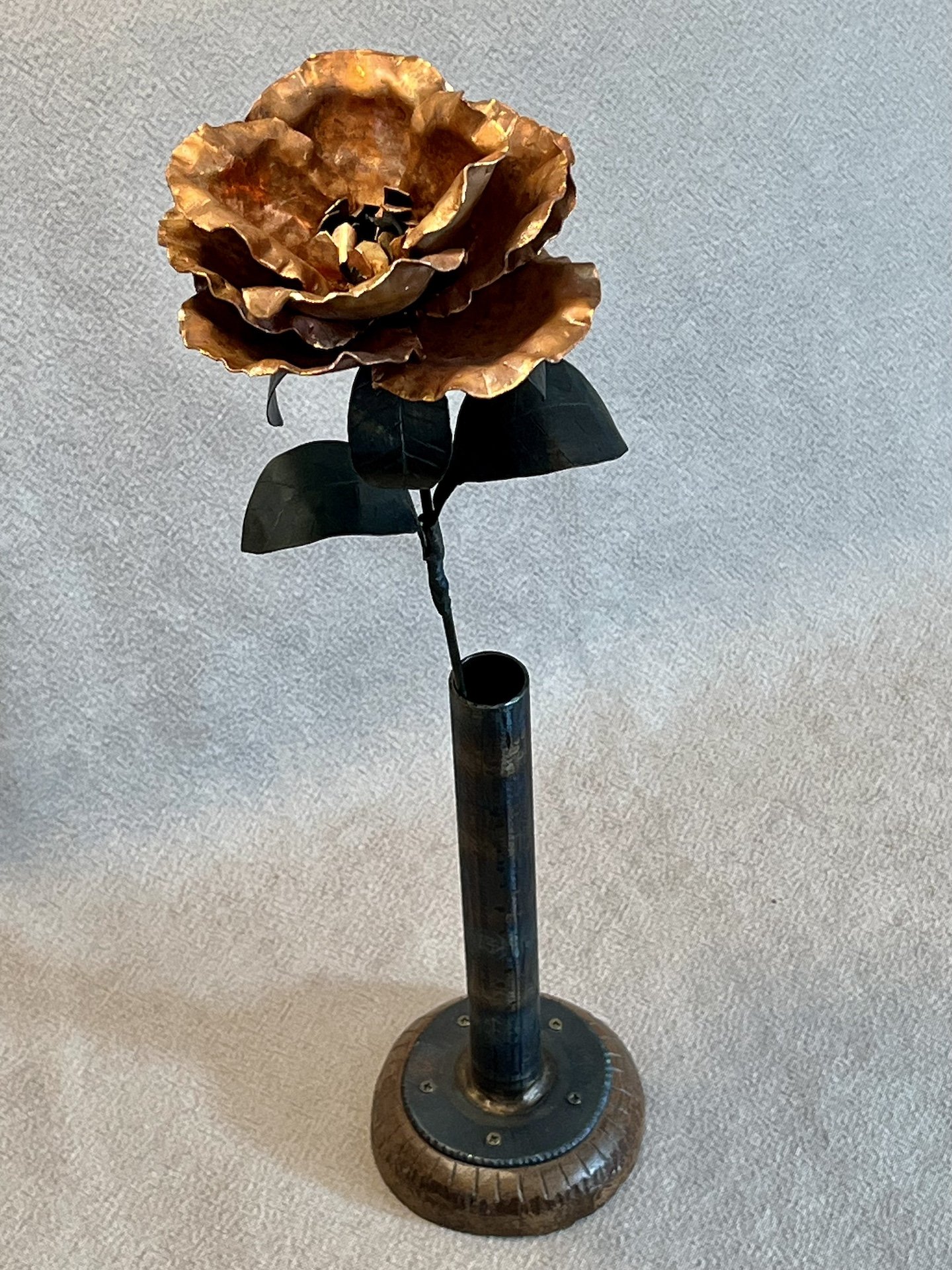 "Copper Rose", copper, steel & wood, 17.5" tall, 5" diameter, $150