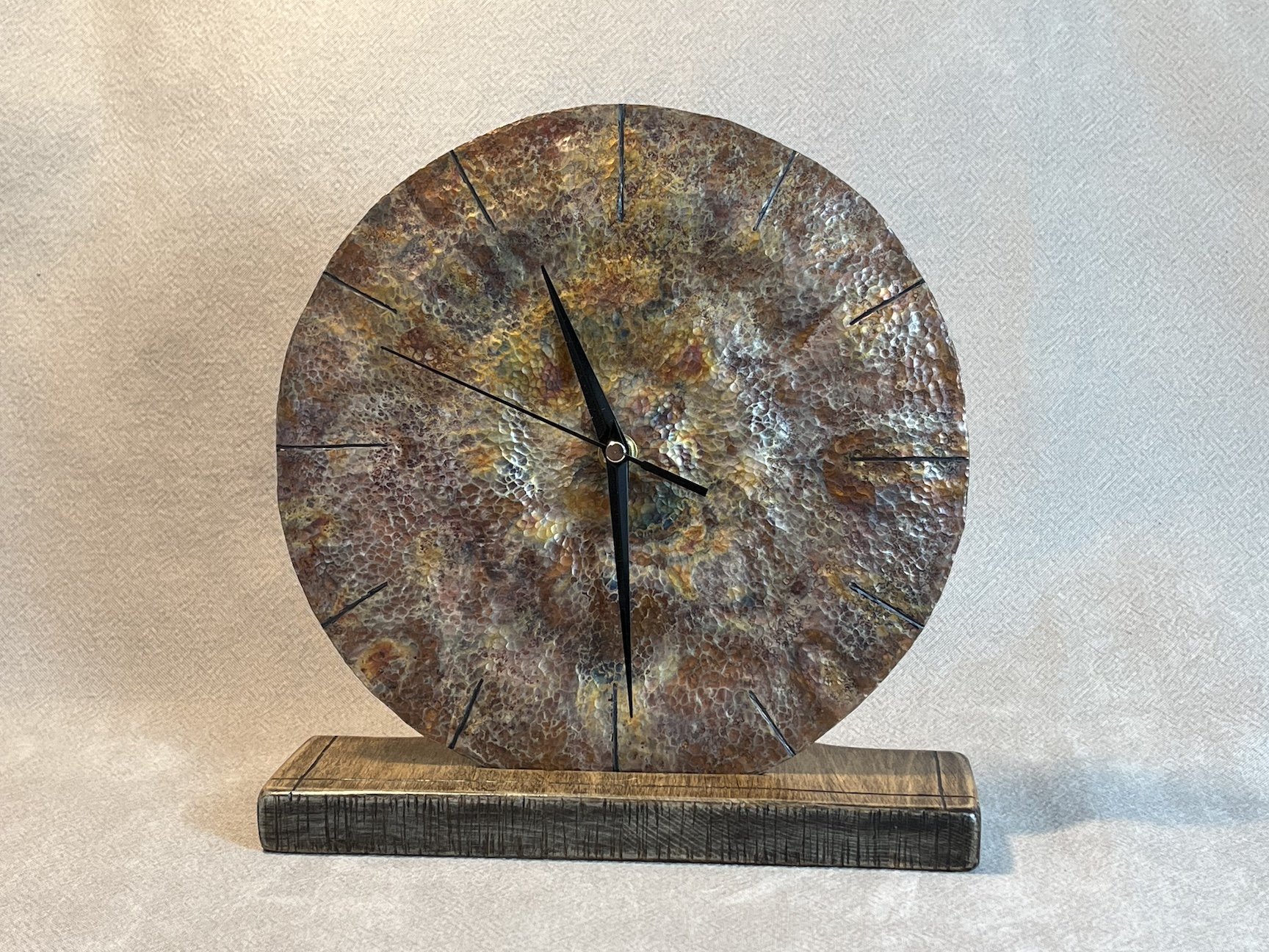 "Copper Clock", copper with hard wood stand, 9.5" diameter, $200 SOLD
