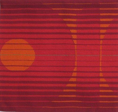 "Circles in Orange and Red", woven tapestry, 28” x 30”, $950