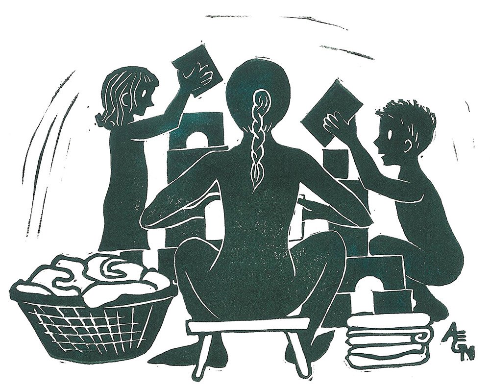 "Busy Time", rubber block print, 8" x 10", $65 (framed)