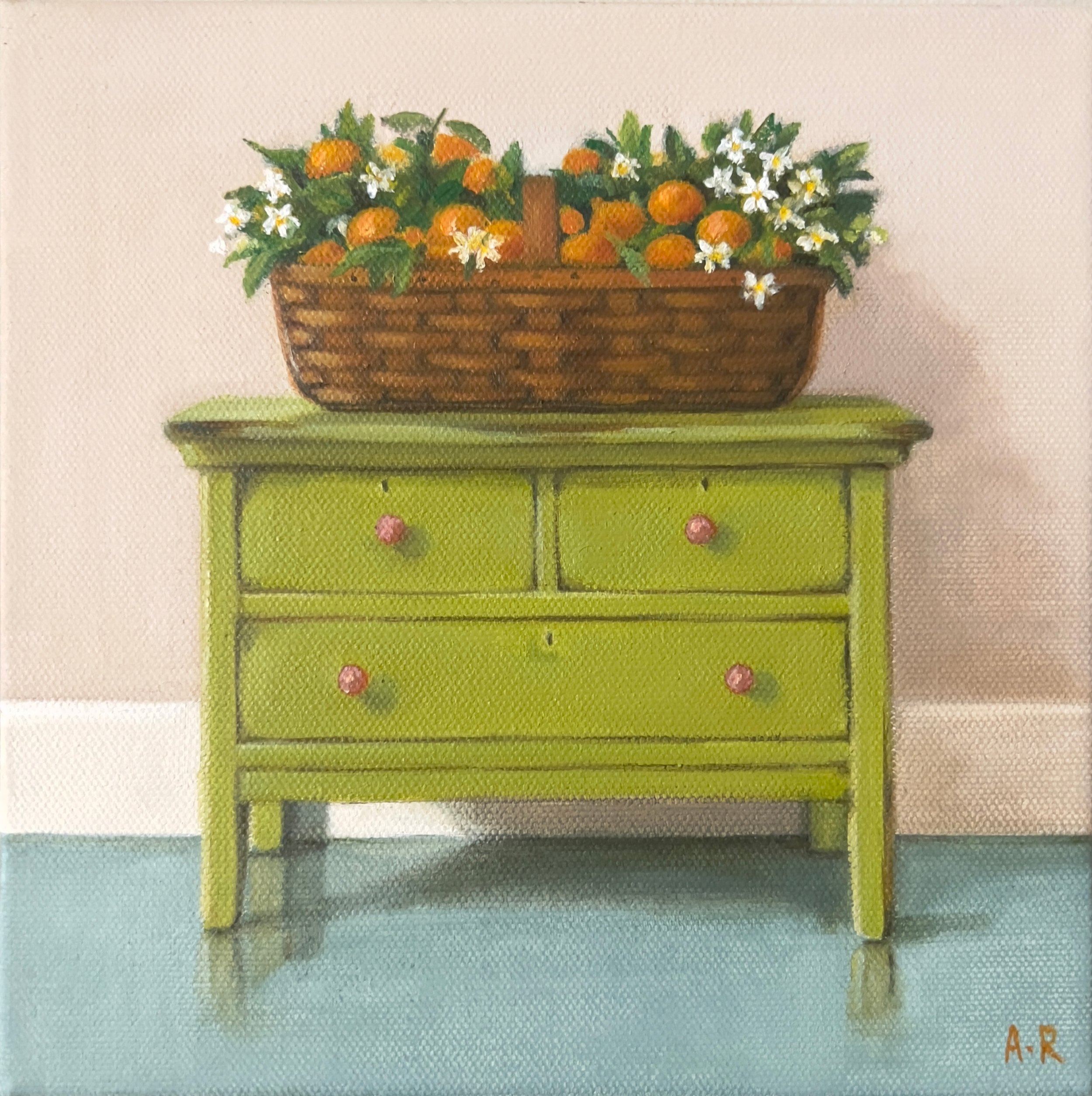 "Green Dresser With Oranges & Daffodils", oil, 8" x 8", $200 SOLD