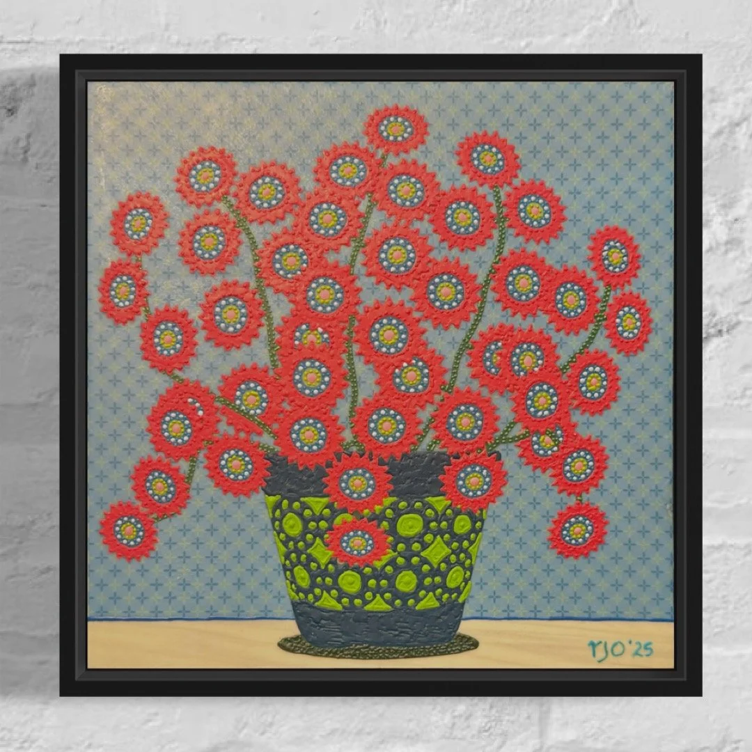"Red Flowers In A Blue And Green Pot", encaustic, 12" x 12", $550 (framed) SOLD