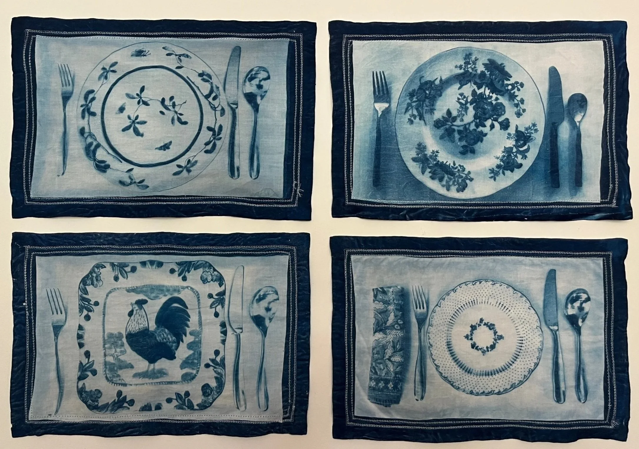 "At The Table", cyanotype on linen, 13" x 20", $550 ( set of 4 framed individually))