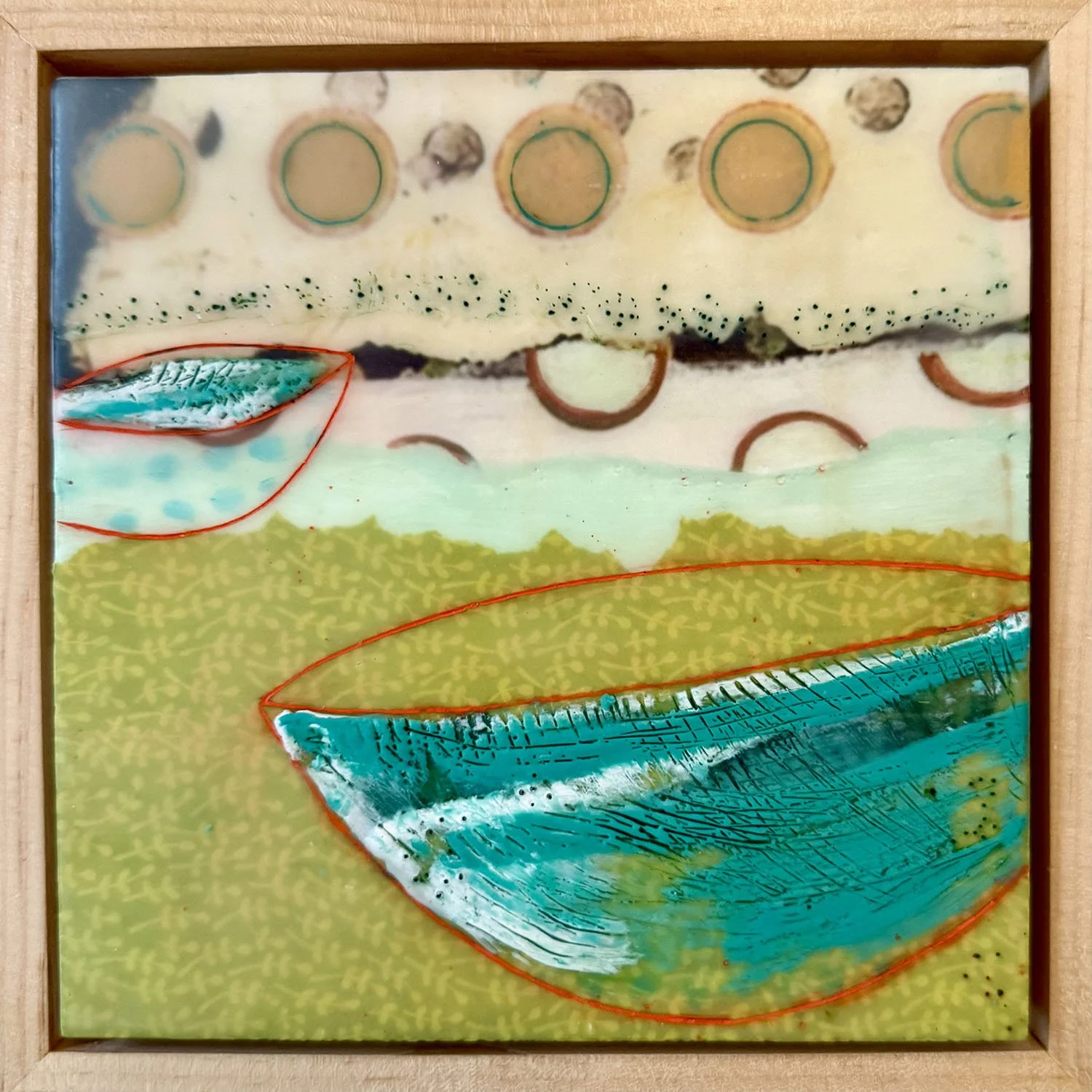 "Twin Tilt",  encaustic collage, mixed media, 6" x 6" x 2", $150 (framed)