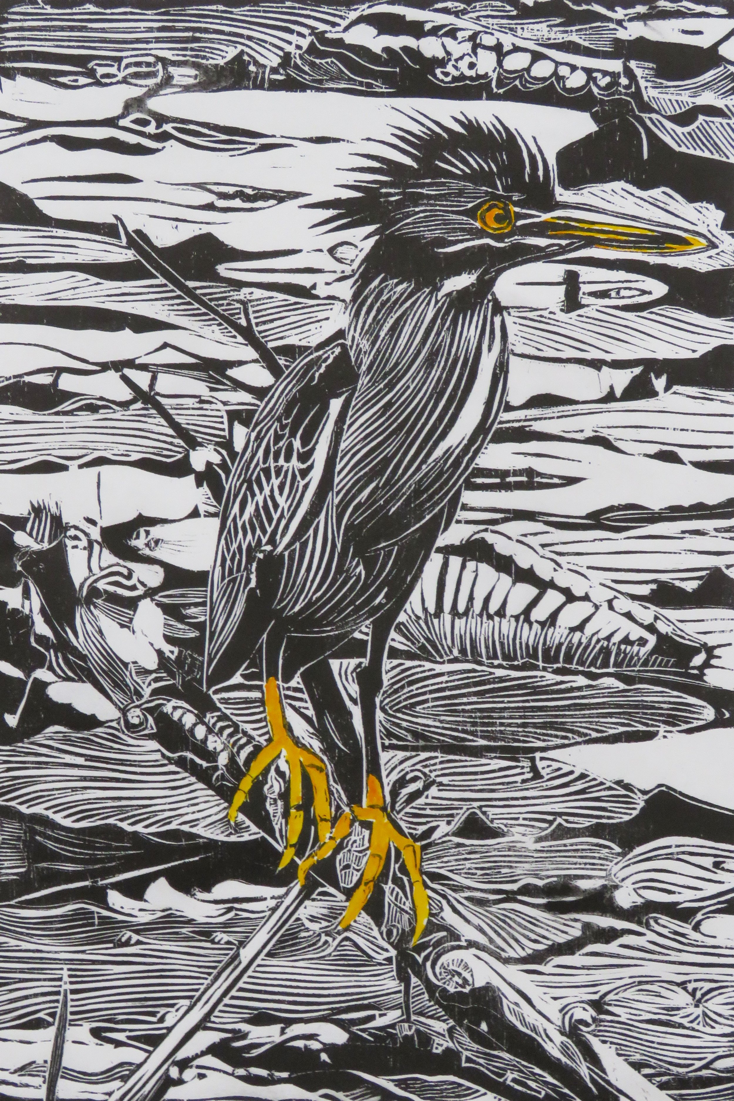 "Punk Heron", woodcut, 18" x 12", $850 (framed)