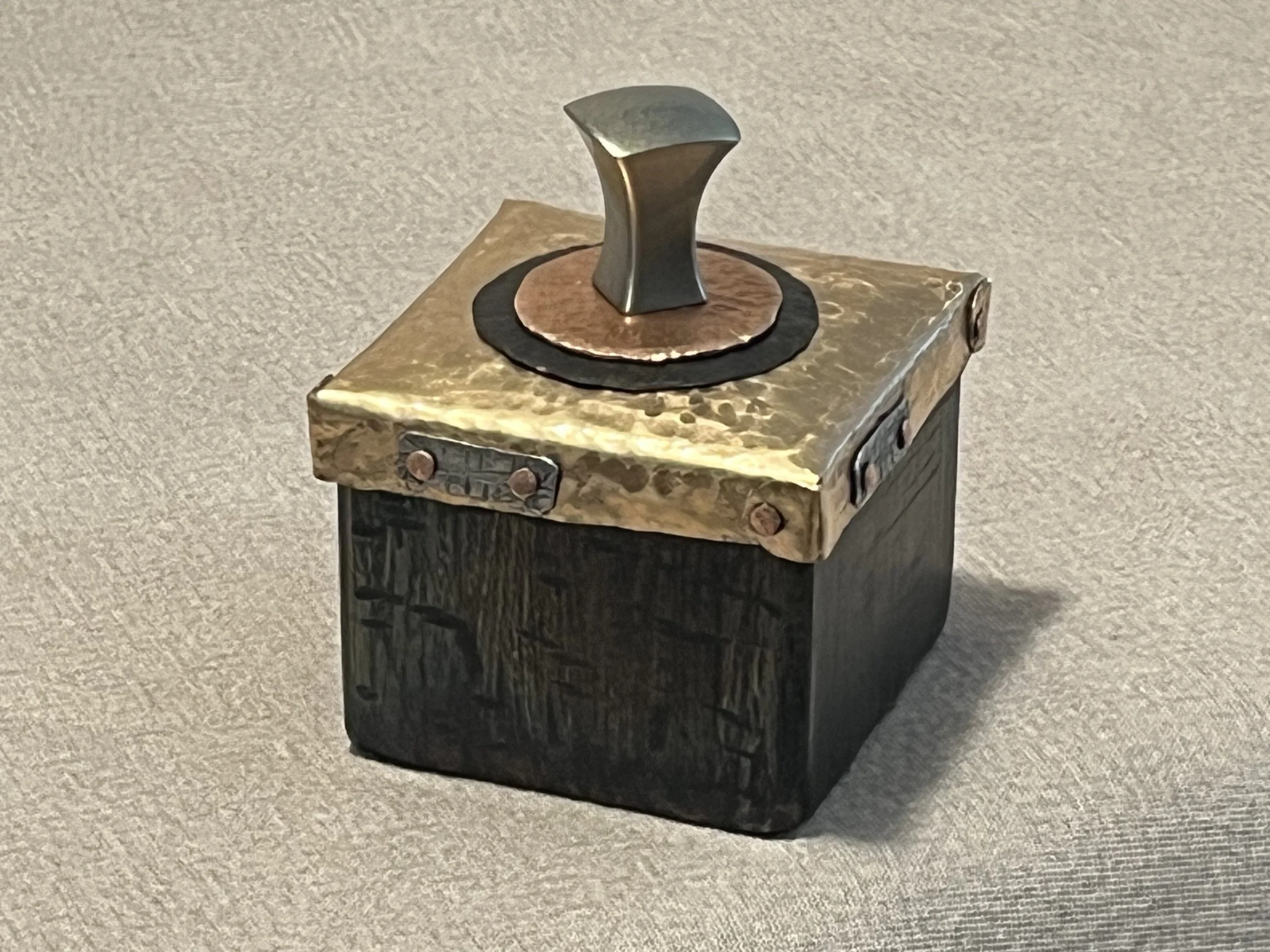 "Small Steel Box With Bronze Lid", metal, 3.25" x 2.5" x 2.5", $95