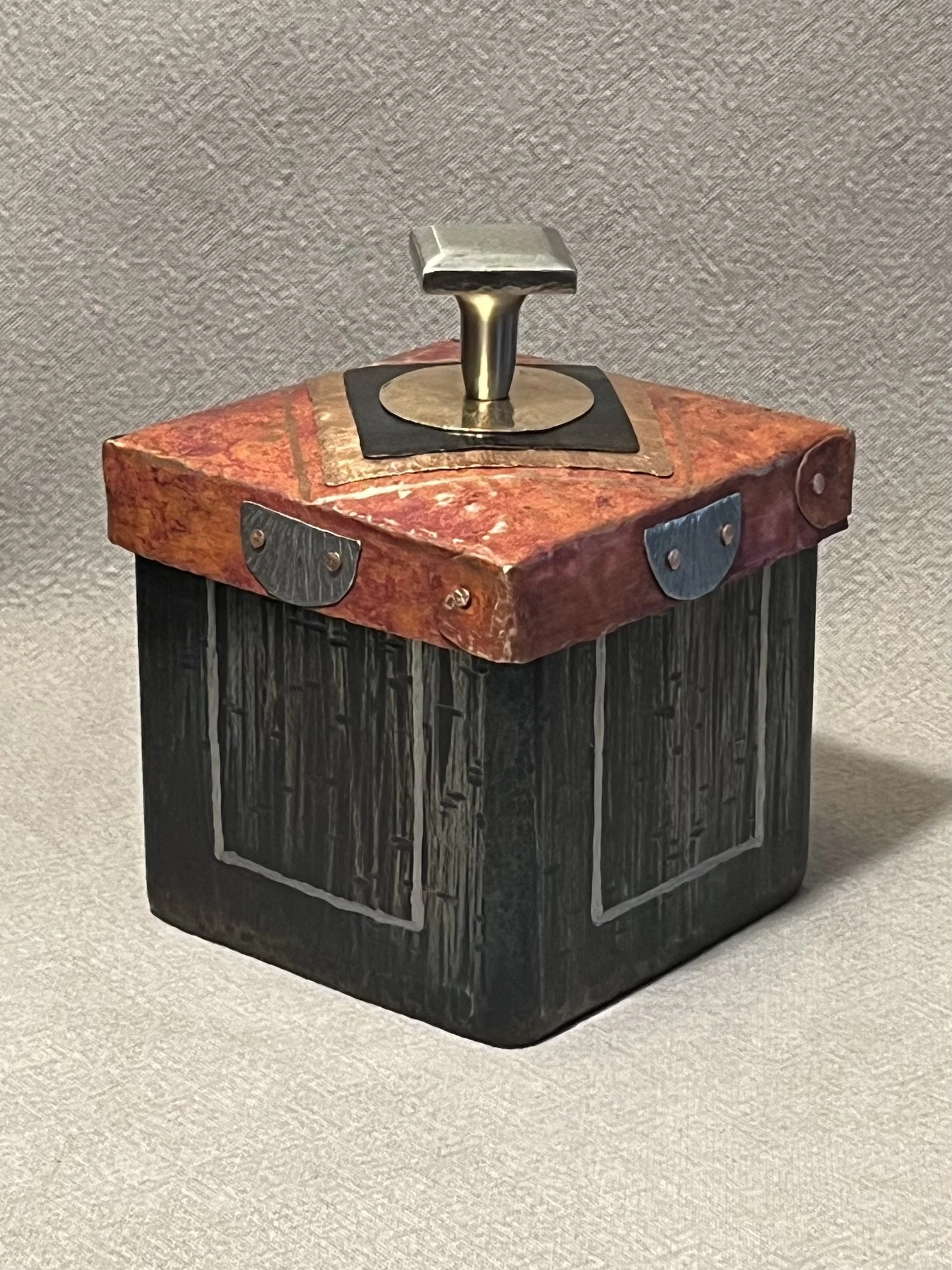 "Steel Box With Red Copper Lid", metal, 5.5" x 4" x 4", $140