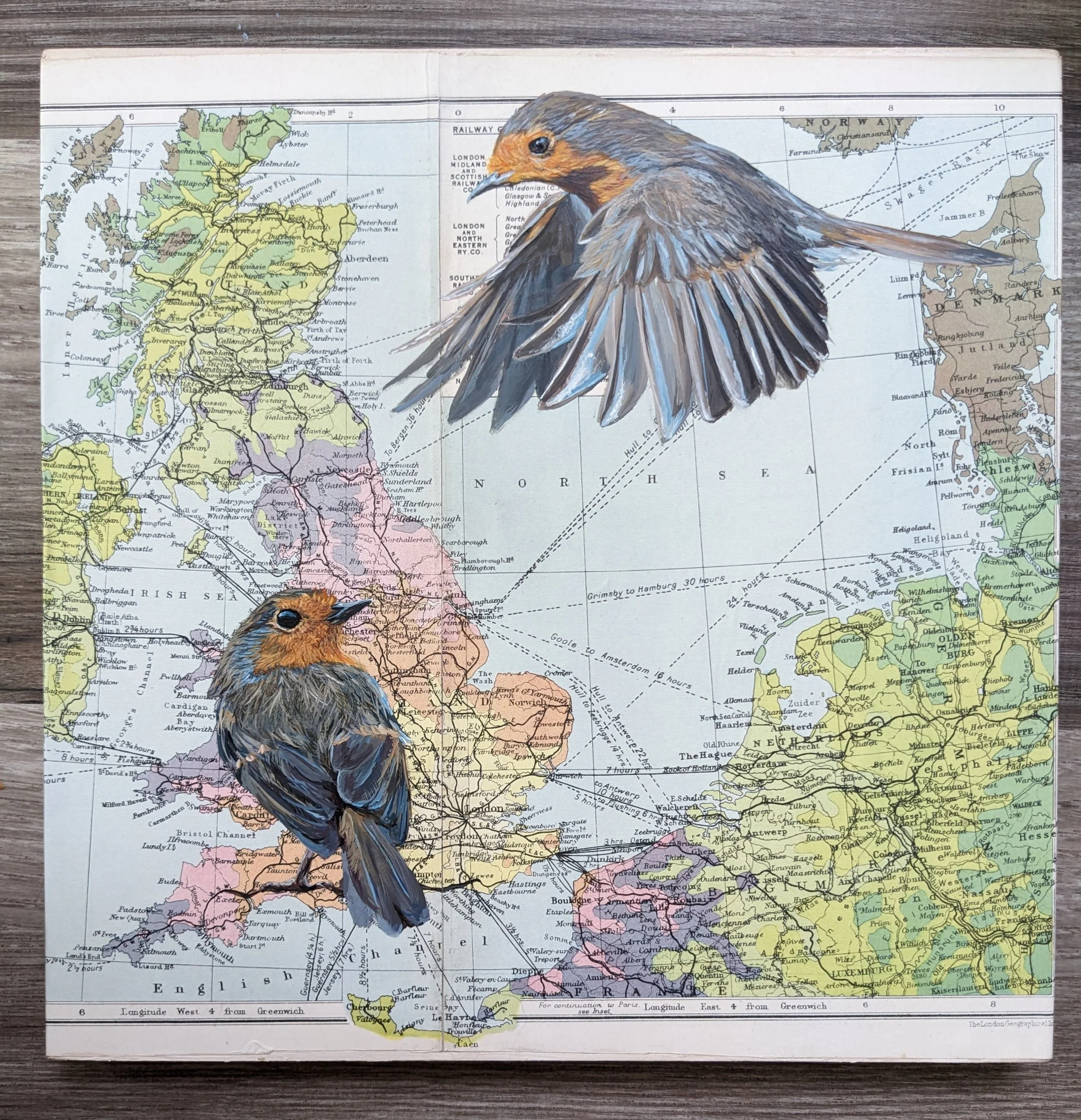 "Flying Home", acrylic on vintage map, 10" x 10", $625