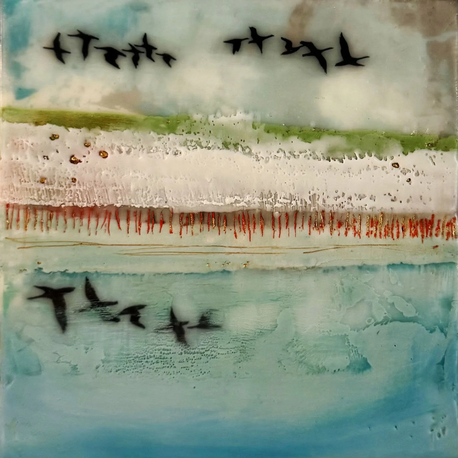 "Seashore Echoes", mixed media, encaustic, oil, milk paints, 5" x 5", $95