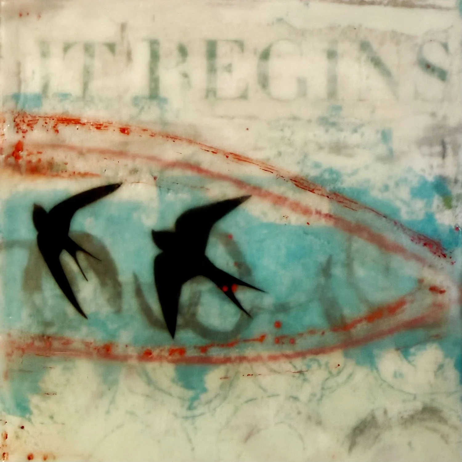 "Journey", encaustic collage, mineral paints, oil, ink transfers, 5" x 5", $95