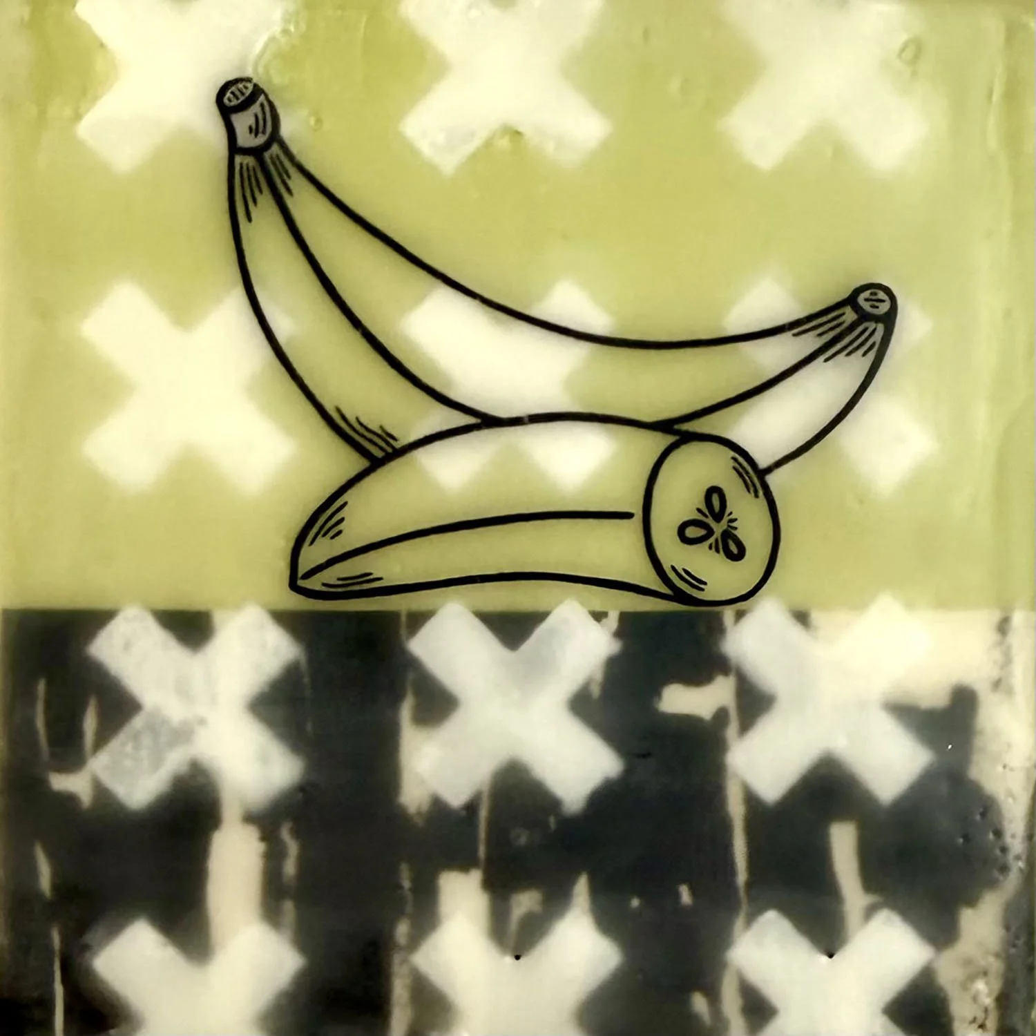 "0 Points: Banana", mixed media, 3" x 3", $38