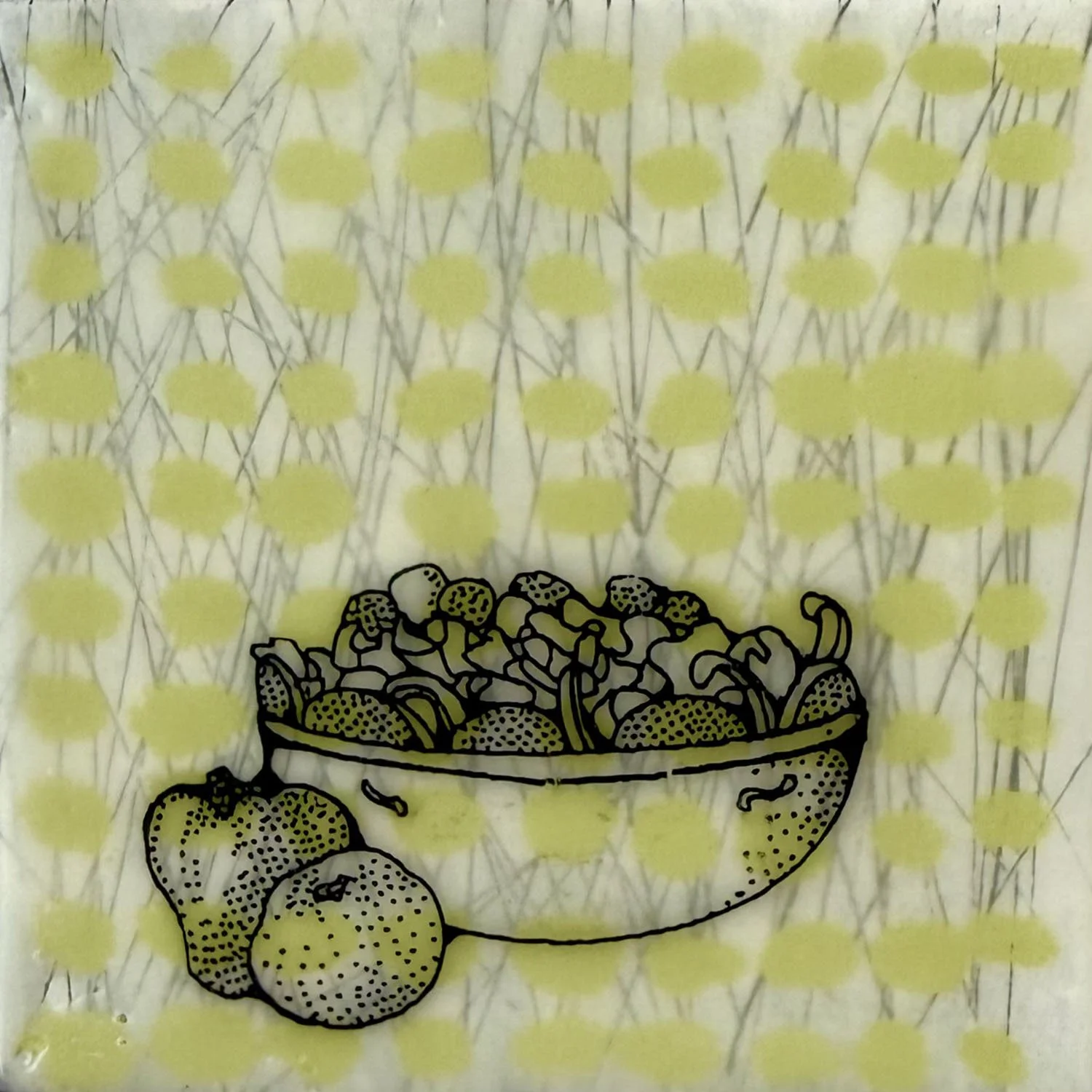 "0 Points: Fruits &amp; Veggies", mixed media, 3" x 3", $38