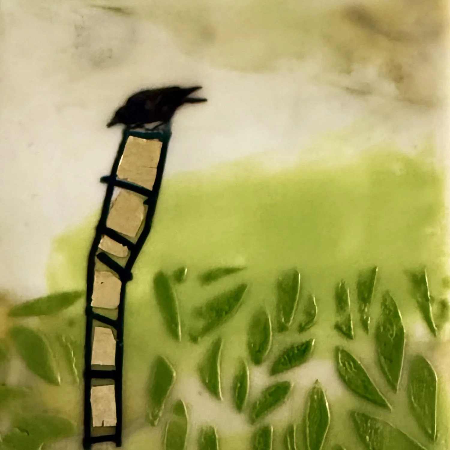 "Corporate Ladder: Golden Handcuffs", mixed media, 5" x 5", $115