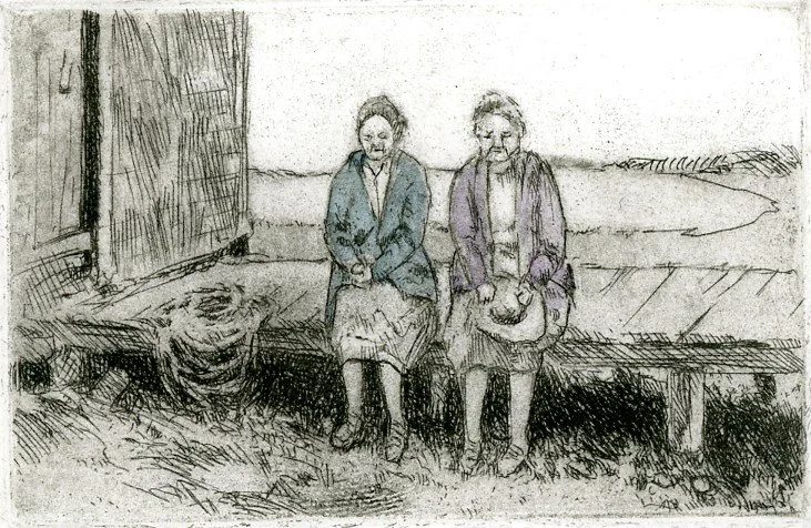 "Blue Cardigans", etching, hand color,  8" x 10", $140 (framed)