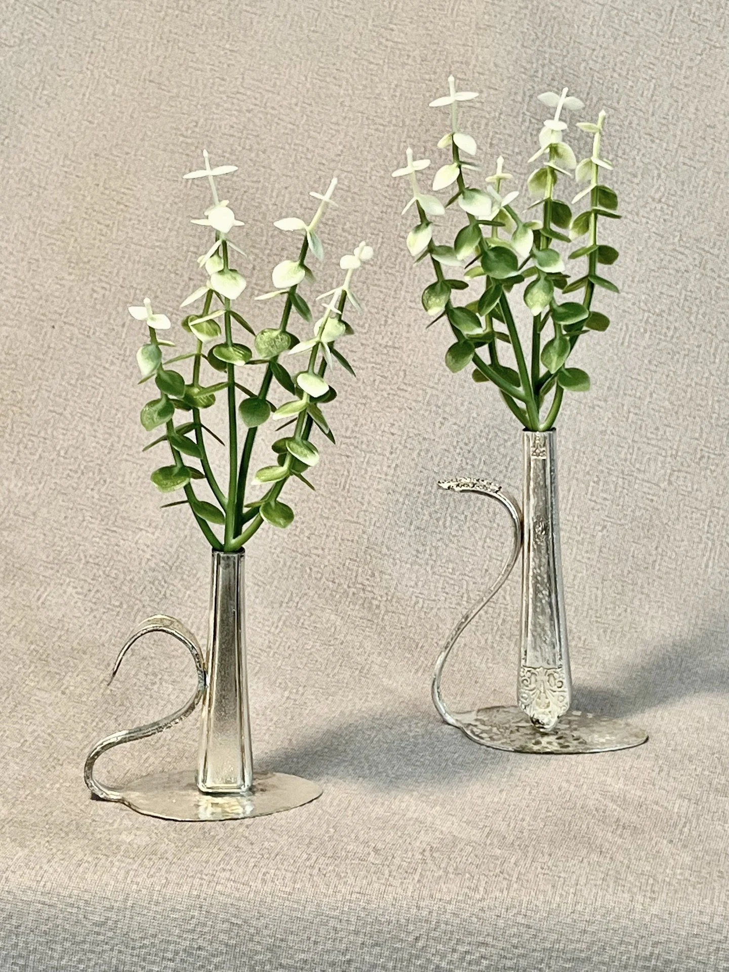 "Silverware Bud Vases", metal, 3" x 1.5" x 3" or 4" tall, $40 each