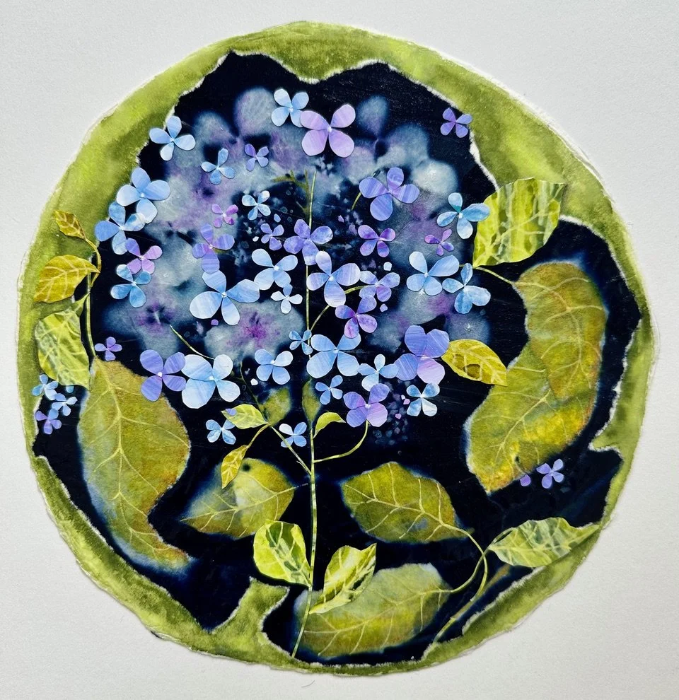 "August Blues III", enhanced cyanotype, 13" diameter, $400