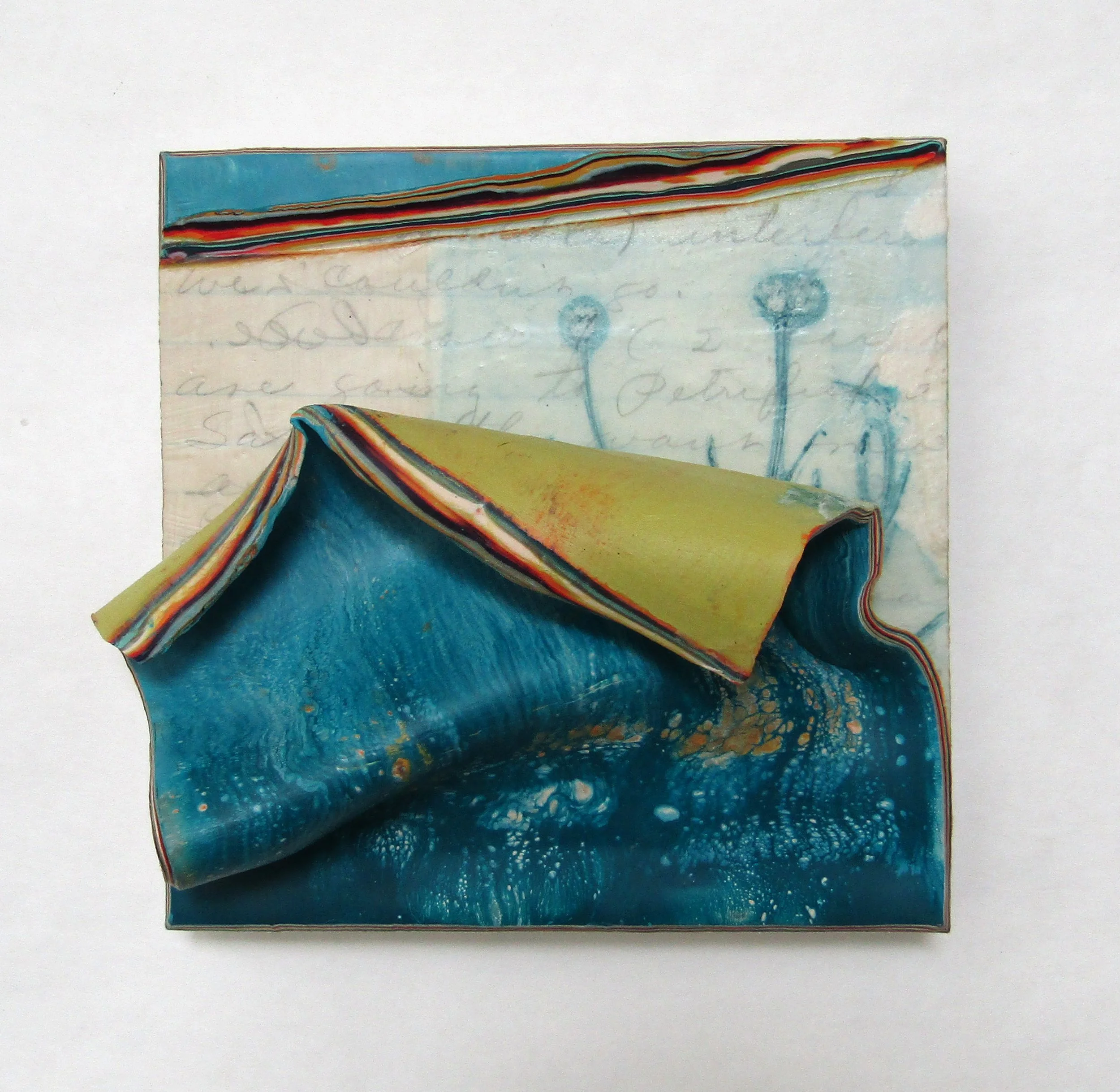 "Sightseeing", encaustic relief, vintage letter, monoprint, 6" x 6.5" x 3", $240 (framed)
