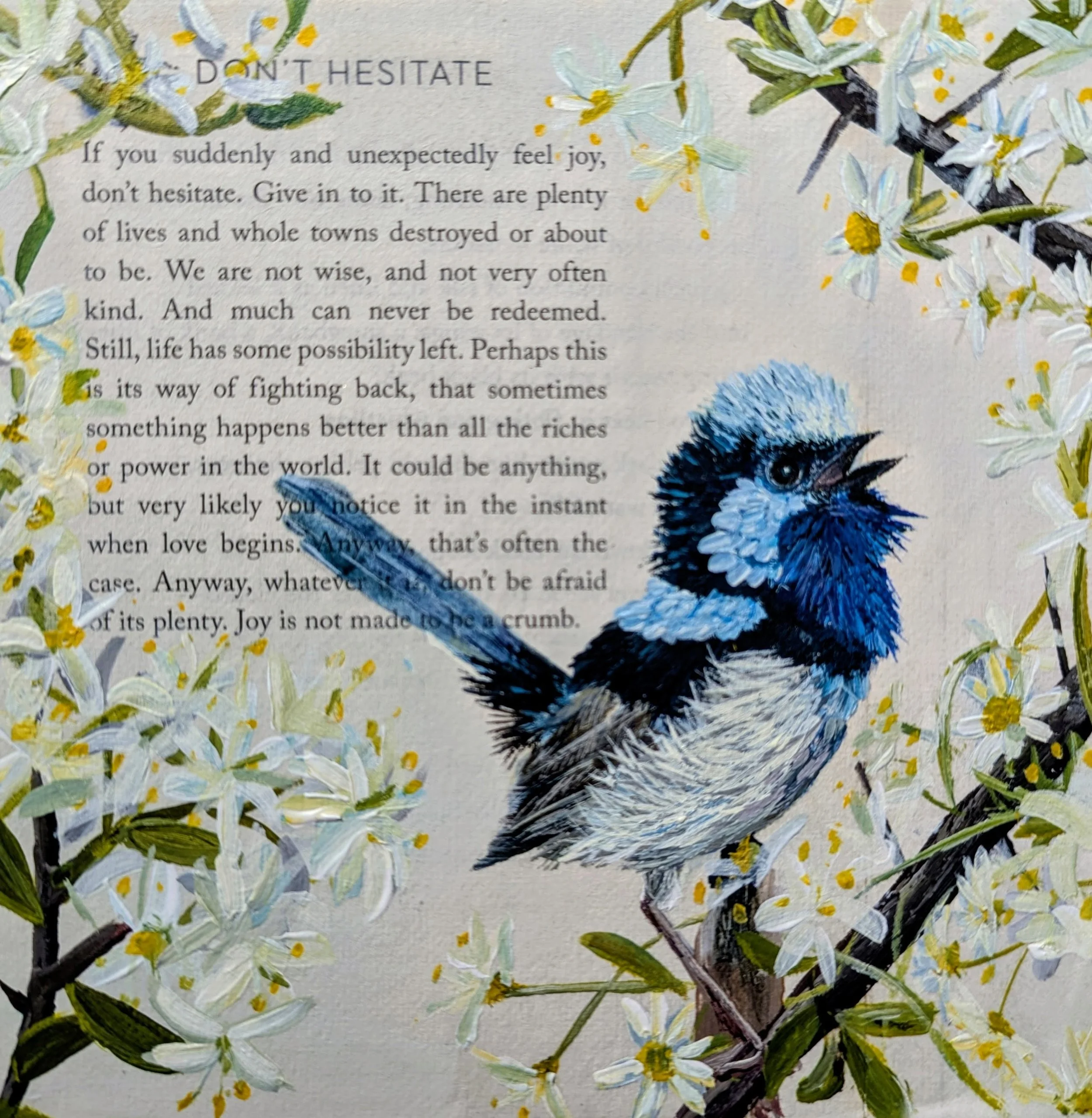 <p><strong>HANNAH NERSASIAN</strong>acrylic, acrylic on Mary Oliver poetry<a href="/hannah-nersasian-jour-2026">More →</a></p>