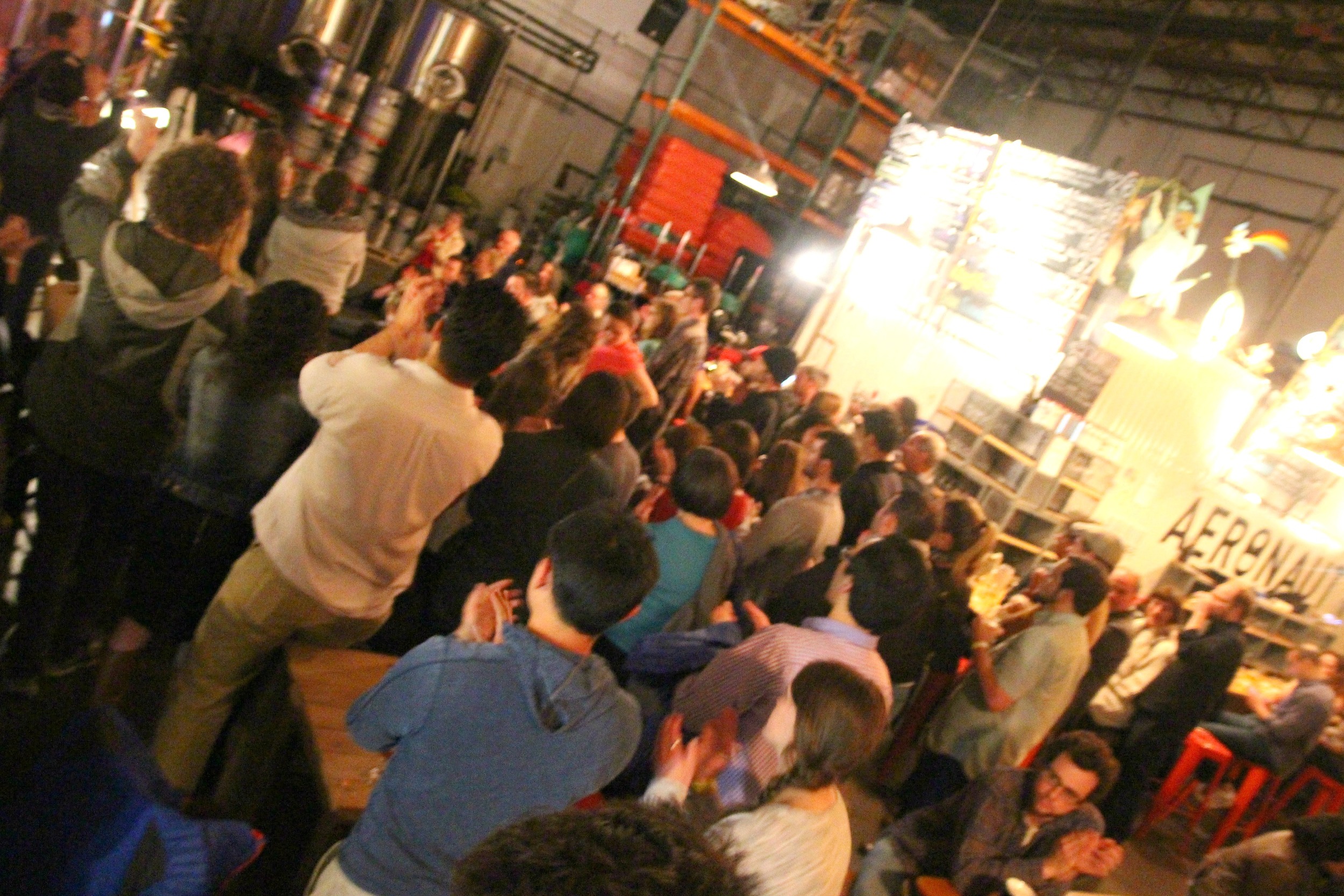An enthusiastic crowd at Aeronaut Brewing