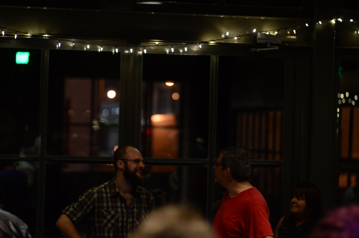 Talking with an audience member after the San Fran Bach & Beer. photo: Chris Sampang