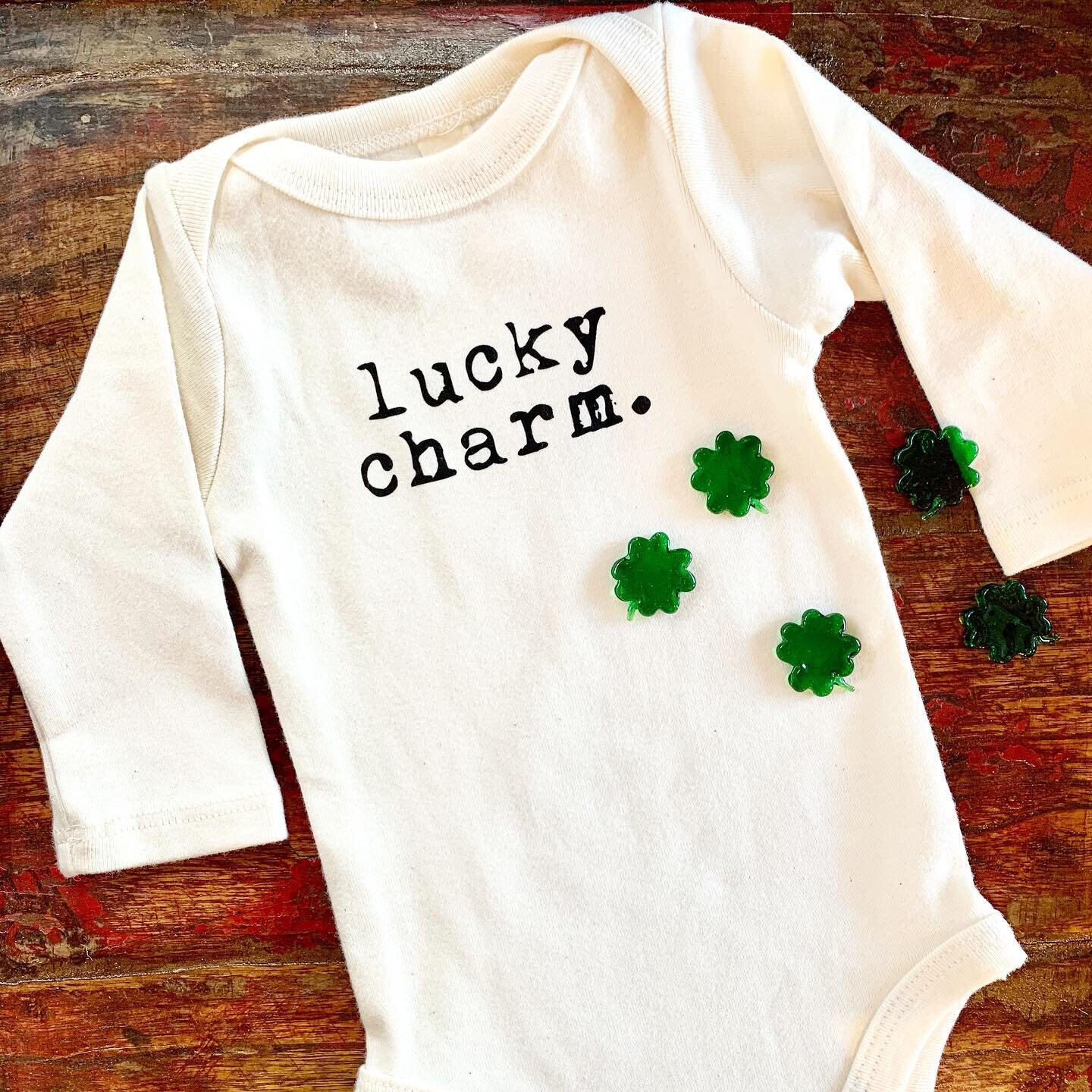 Celebrate your Lucky Charm, March 17th!  #stpatricksday #stpattysday #babylove #luckycharm #4leafclover #luck #cuteonesie #giftforbaby #locallove #shopstudiocity #emeraldforest