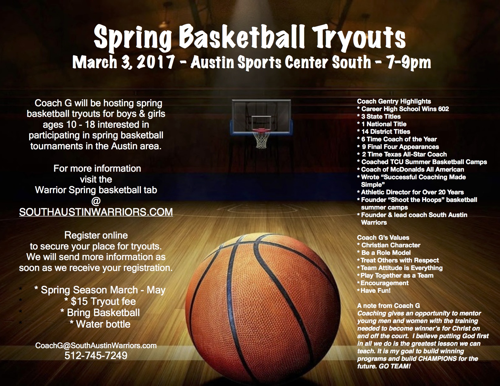 Spring Tryout Information South Austin Warriors