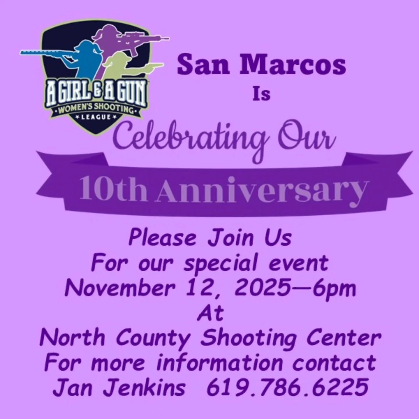 💥 Join @agagclub San Marcos tomorrow at 6pm to celebrate their 10th anniversary! 

Call Jan for details and info:
☎️ 619.786.6225
🔗 https://tinyurl.com/bdcdnh73

#AGirlandAGun #AGAGClub #Girls #Ladies #Women #Sports #Event #SanDiego #2A #Range