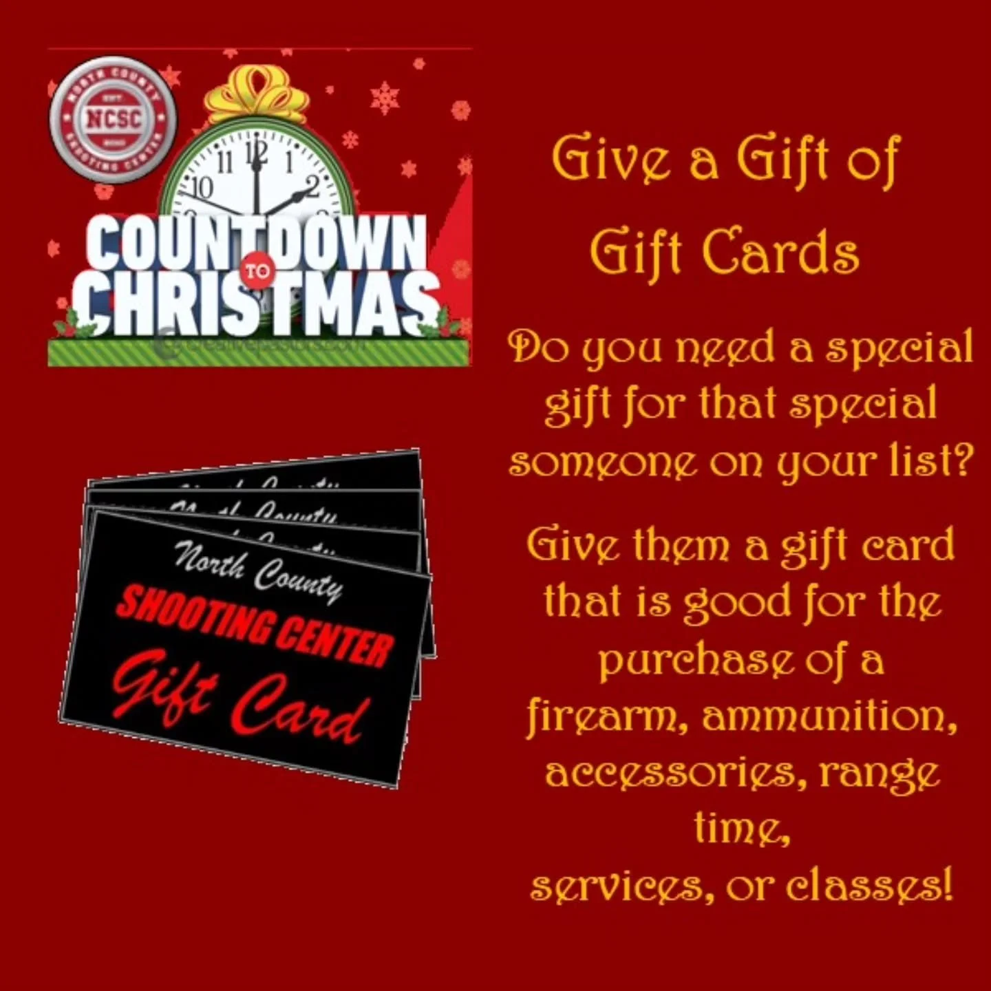 🕜🎄 &lsquo;Countdown to Christmas&rsquo; is here at NCSC! 🎁

🔗 https://tinyurl.com/5xp7rv69
☎️ 760.798.7300

**All products are CA compliant and limited to supply on hand; no rain checks. 

#GiftCard #GiftCards #Range #NCSC #Holidays #Christmas #E