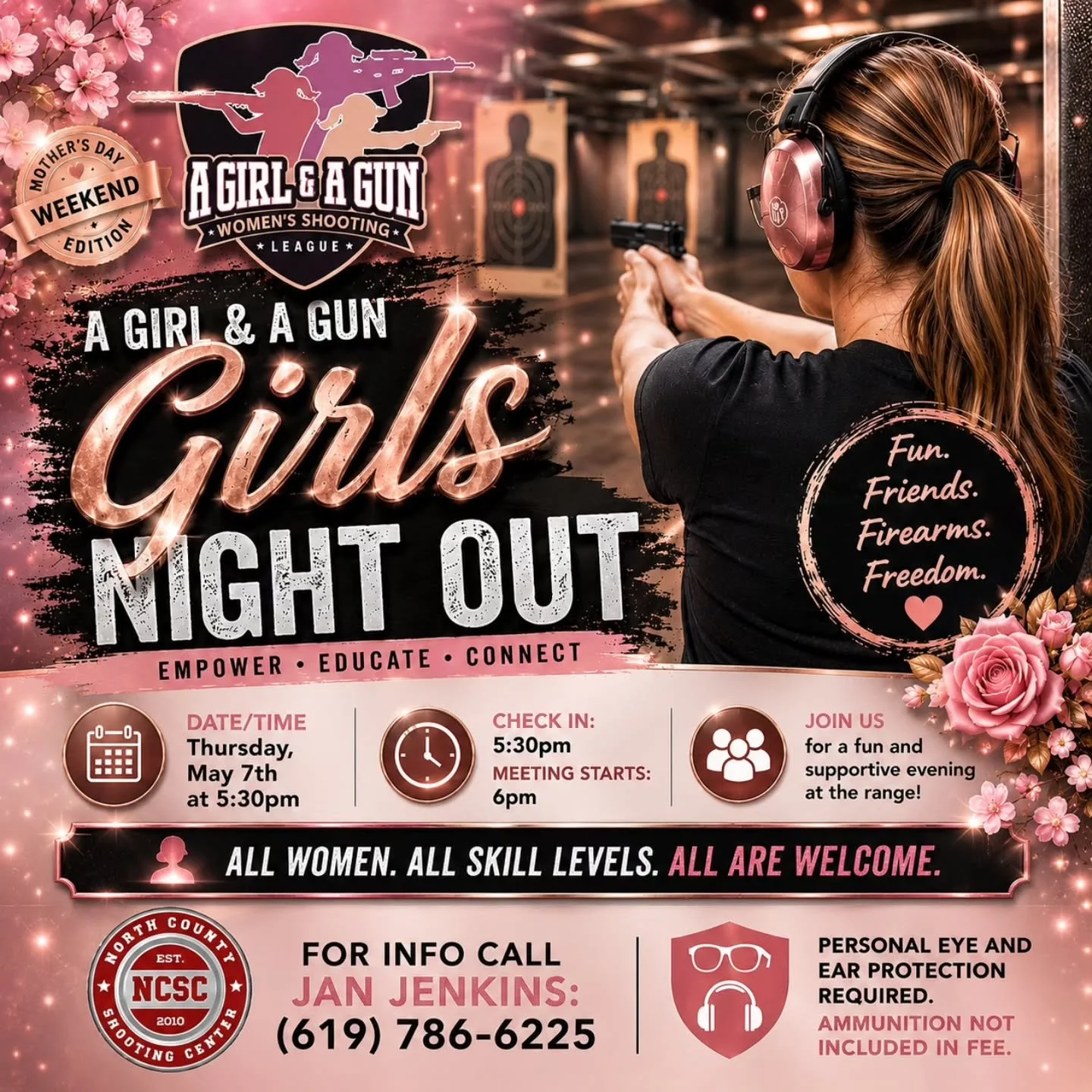 💪 Girls Night Out tomorrow at 5:30pm!

☎️ 619.786.6225

@agagclub #AGirlandAGun #Women #Ladies #Sports #GirlsNightOut