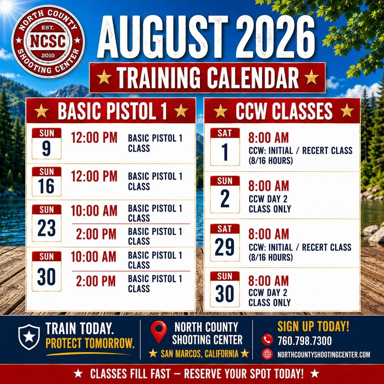 ☀️ August Training Calendar! Also contact us about private lessons or classes. 

☎️ 760.798.7300
👉 https://tinyurl.com/AugustCalendar26

#August #Training #Range #SanDiego