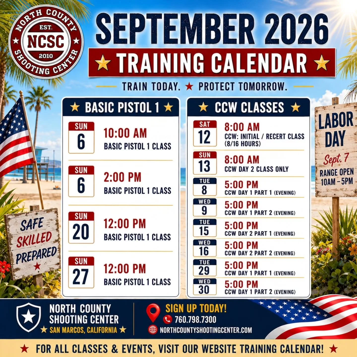🔫 Join us for classes, events and training in September! We are open on #LaborDay as well, so come by and practice with us. 🇺🇸

➡️ Full training calendar
https://tinyurl.com/NCSCSep

☎️ Call to sign up for a class
760.798.7300

#September #Class #