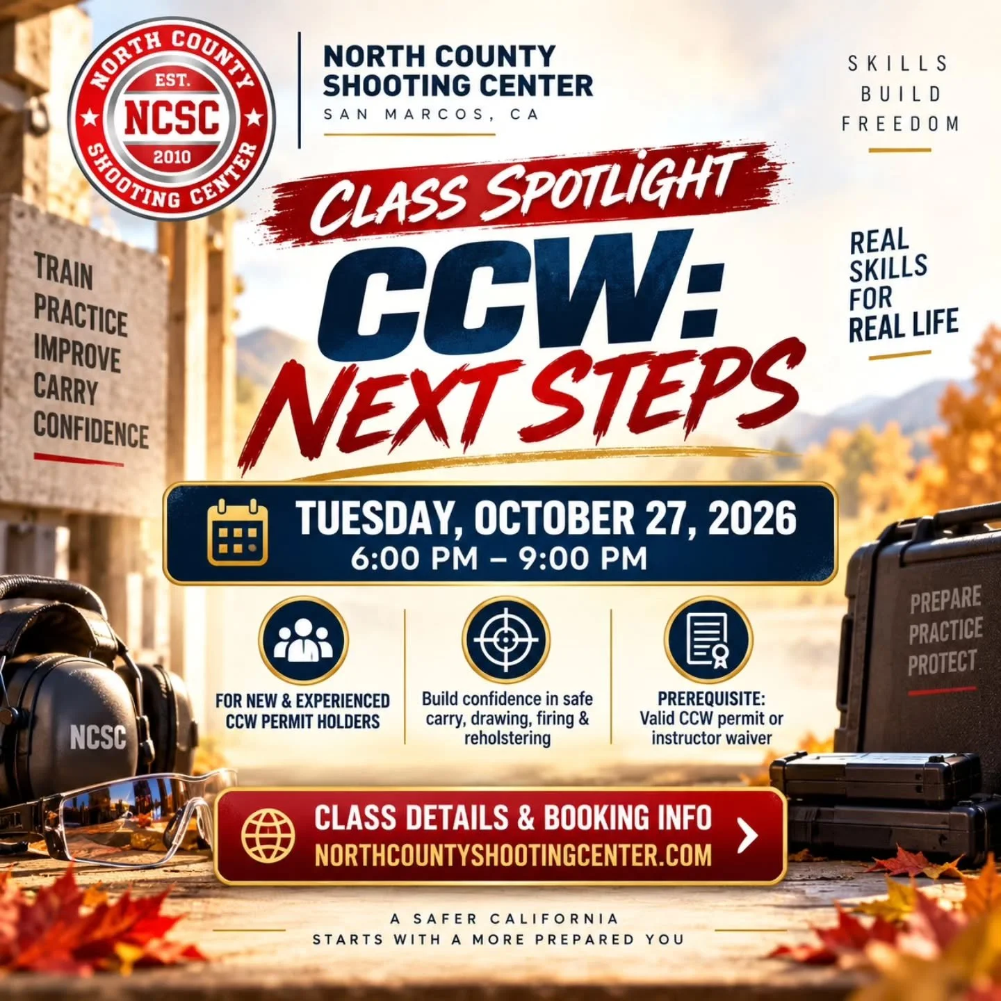 🔥 ATTENTION CCW PERMIT HOLDERS! Build your confidence, training and skills with our new class. 

📆 Inaugural class:
Tue, October 27th at 6pm.

👉 Class details:
https://tinyurl.com/CCWNextSteps

☎️ Reserve your spot: 760.798.7300

#CCW #EDC #Class 