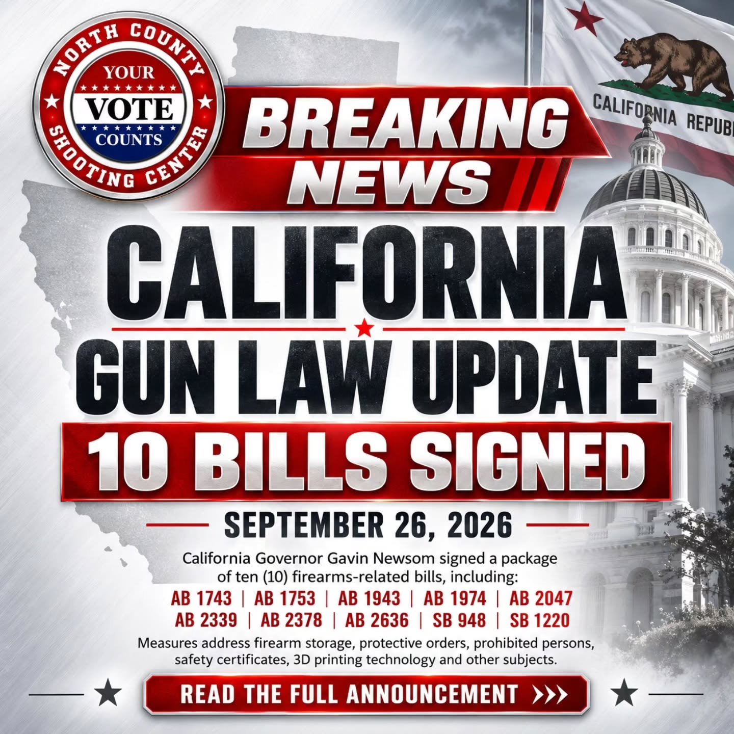 📣 ** ATTENTION CALIFORNIA GUN OWNERS! **
This week, not 1, not 2, but 10 new gun control bills were signed by Governor Newsom for California.

Read full article here:
👉 https://tinyurl.com/NEW2ALAWS

#2A #California #Laws #GavinNewsom #News