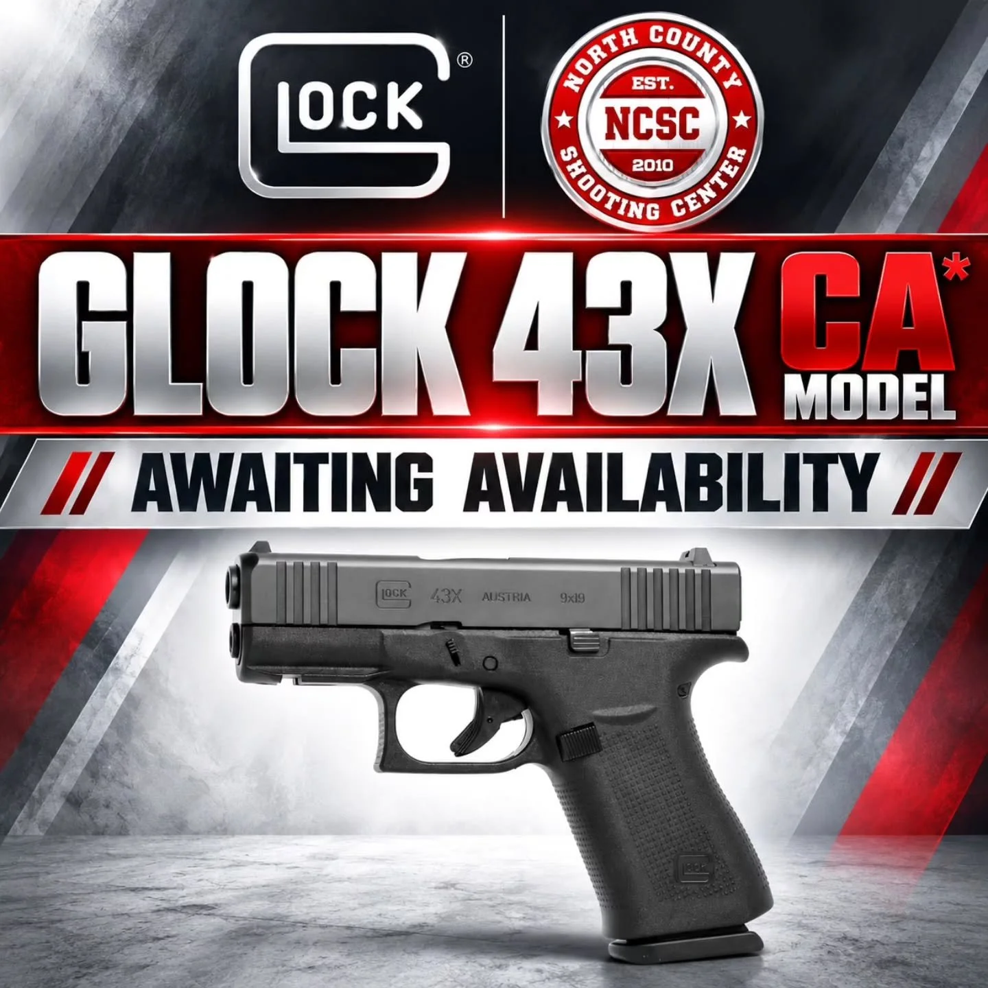 🔥 We are currently awaiting availability for the newly-approved Glock 43X CA* Model. 

Stay tuned. 

@glockinc #Glock #Glock43X #California