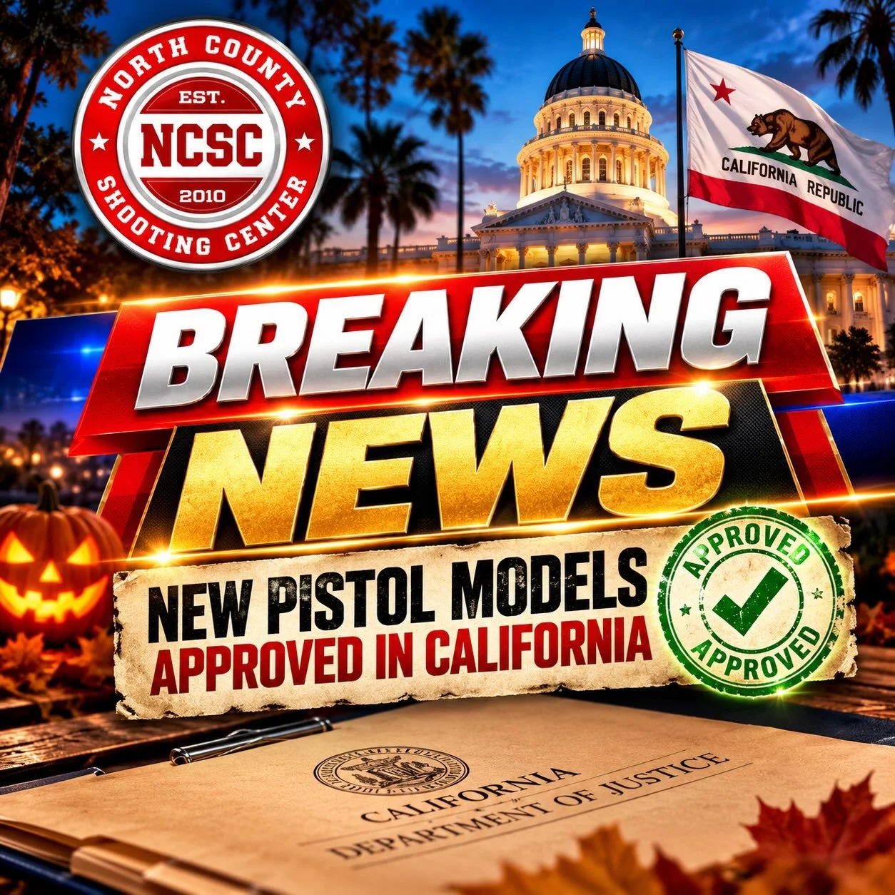 📢 ATTENTION!! RECENTLY APPROVED HANDGUNS ADDED TO CA DOJ ROSTER! 📢

👉 Recently Approved Models (September 2026)

✅ Glock 43X CA: Chambered in 9mm with a 3.41-inch barrel and a 10-round capacity, featuring a loaded chamber indicator and magazine di