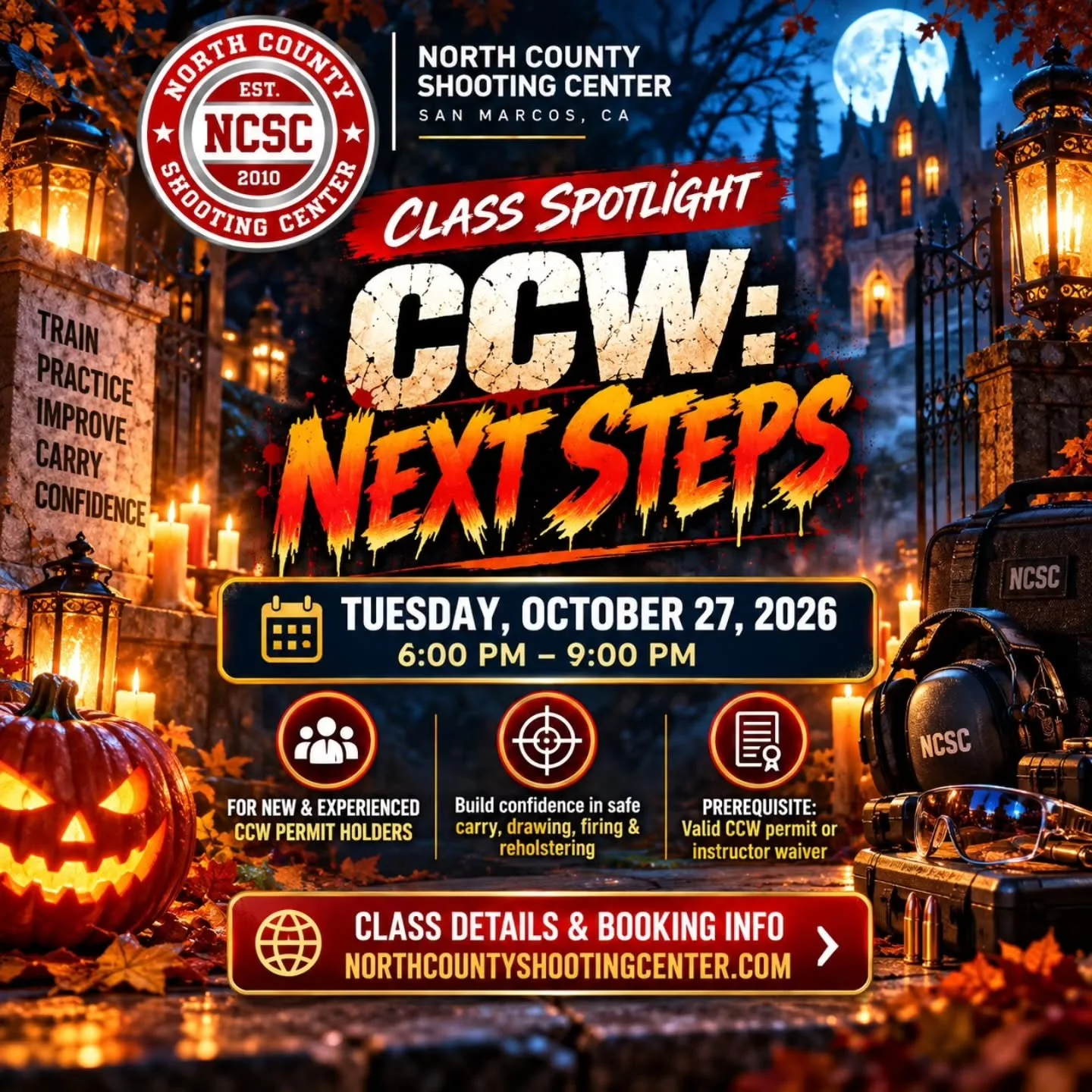 🎃 CCW PERMIT HOLDERS, THIS CLASS IS FOR YOU! LIMITED SPOTS LEFT!

Build your confidence, training and skills with our new class this month! 💀

📆 Inaugural class:
Tue, October 27th at 6pm.

👉 Class details:
https://tinyurl.com/CCWNextSteps

☎️ Res