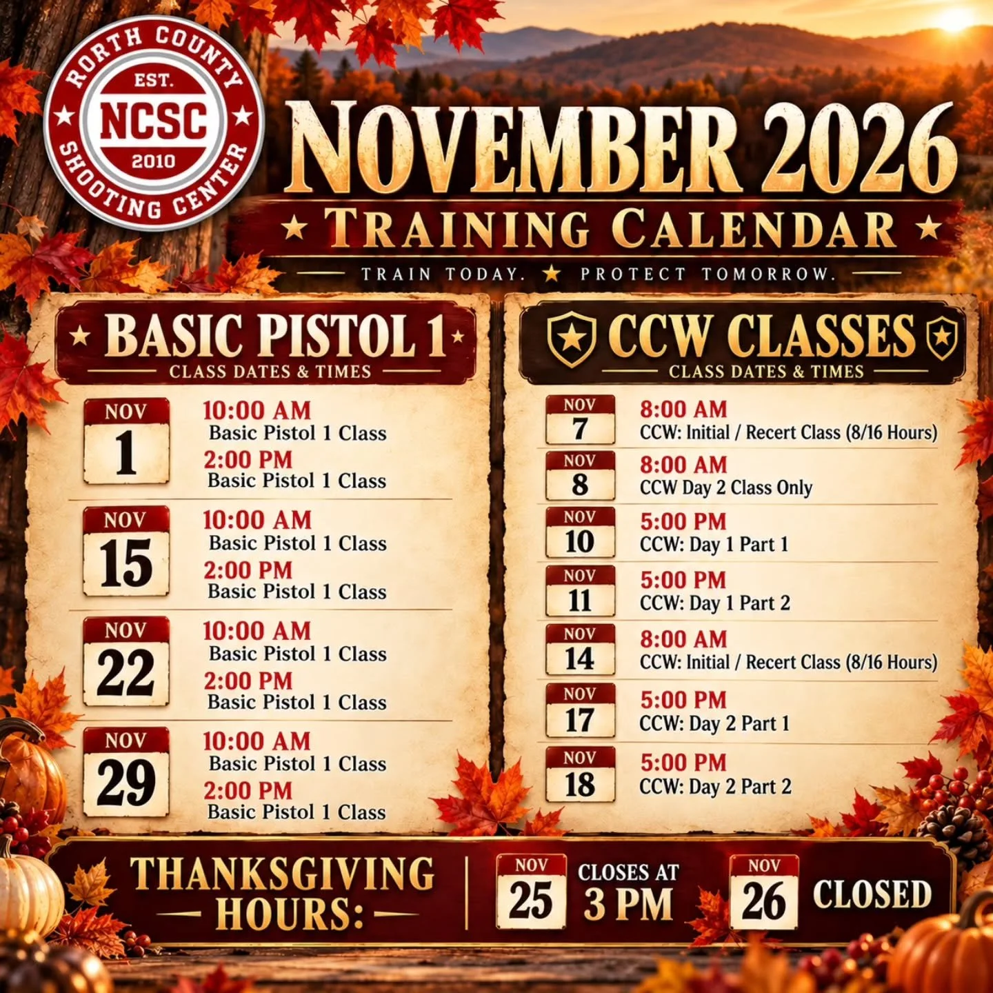 🍂 Join us for classes and training in November!

👉 https://tinyurl.com/NCSCCALENDAR
☎️ 760.798.7300

#November #Training #Classes #SanDiego #Range