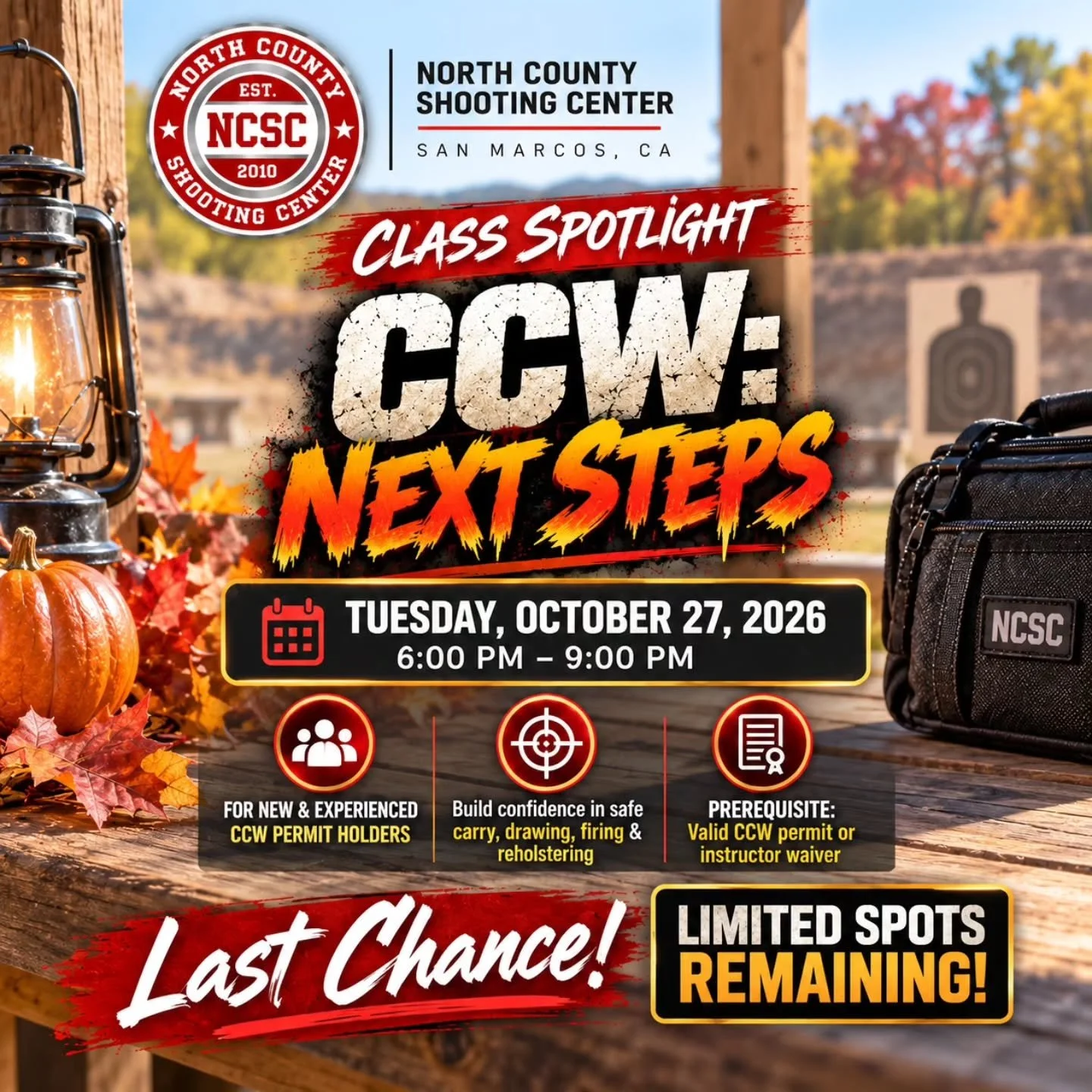 📣 LAST CHANCE TO JOIN OUR NEW CLASS TOMORROW! 📣

Build your confidence, training and skills as a CCW holder with our new class | CCW: Next Steps. 

📆 Tue, October 27th at 6pm.

👉 Class details:
https://tinyurl.com/CCWNextSteps

☎️ Reserve your sp