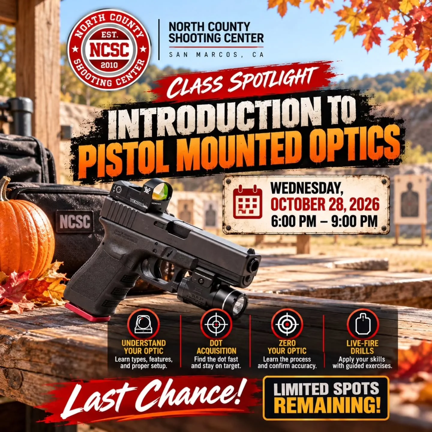 ⚠️ LIMITED SPOTS REMAINING! ⚠️

🔫 New class 'Introduction to Pistol Mounted Optics' this Wednesday!

🎃 Wednesday, October 28
⏰ 6:00&ndash;9:00 PM

🔗 Class details: https://tinyurl.com/IPMOClass

☎️ Call 760.798.7300 to reserve your spot!

#2A #Tra