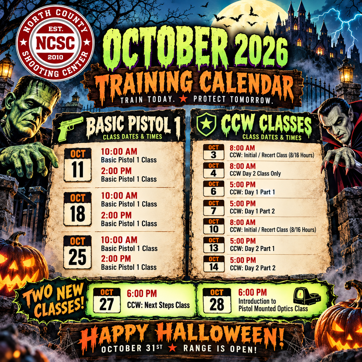 North County Shooting Center October 2026 firearms training calendar featuring Basic Pistol, California CCW, and specialty classes in San Marcos, California.