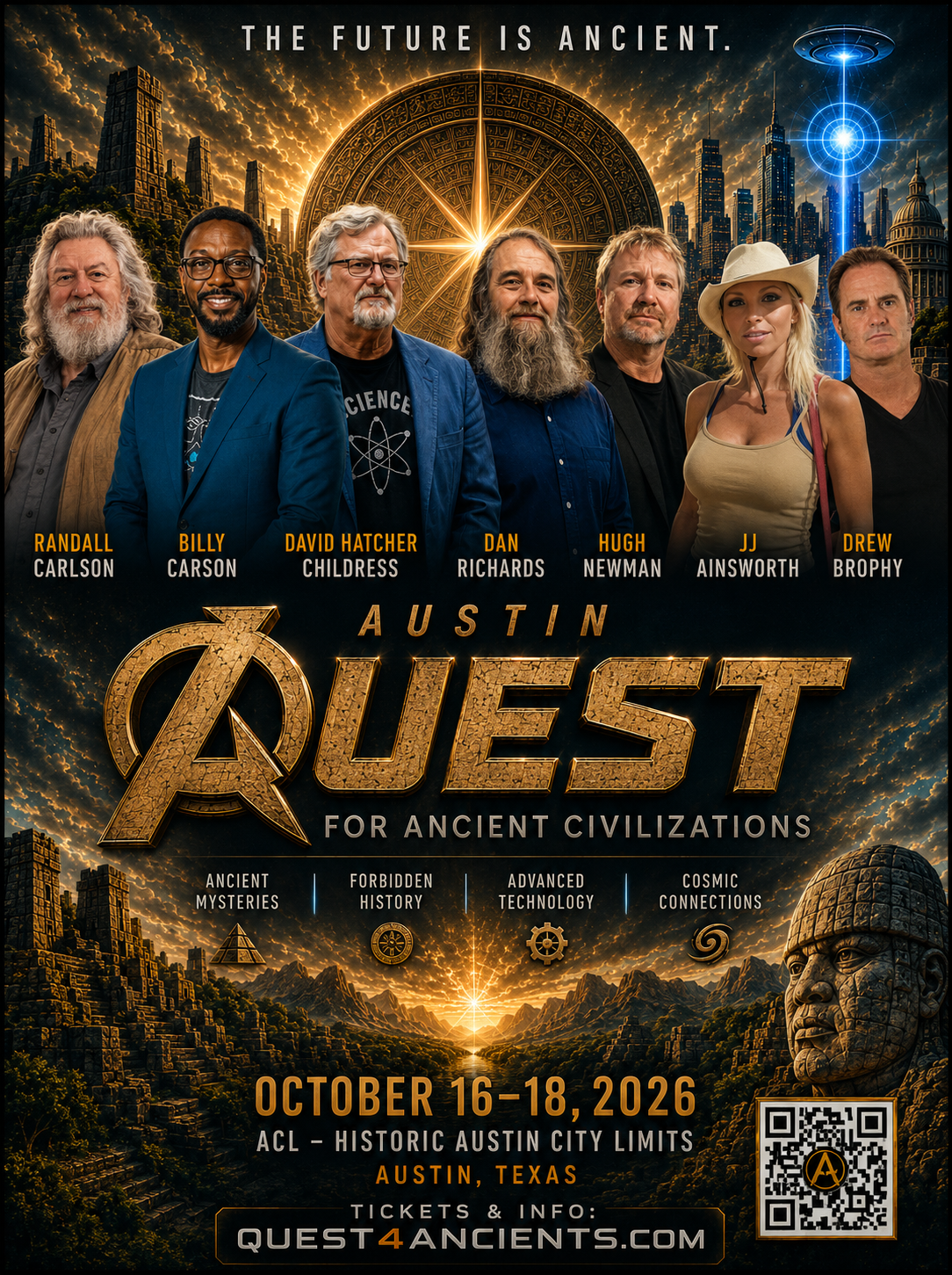 Promotional poster for the Austin Quest for Ancient Civilizations event, featuring photos of six hosts/organizers, a city skyline, a large ancient clock, and ancient sculptures, with event details and a QR code.