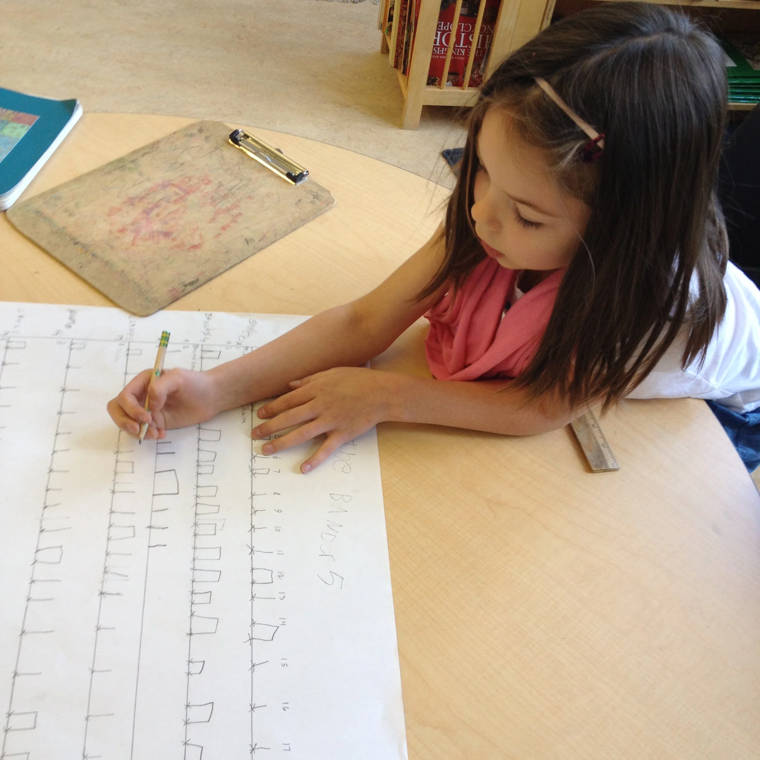 A child writing out her part on a score.