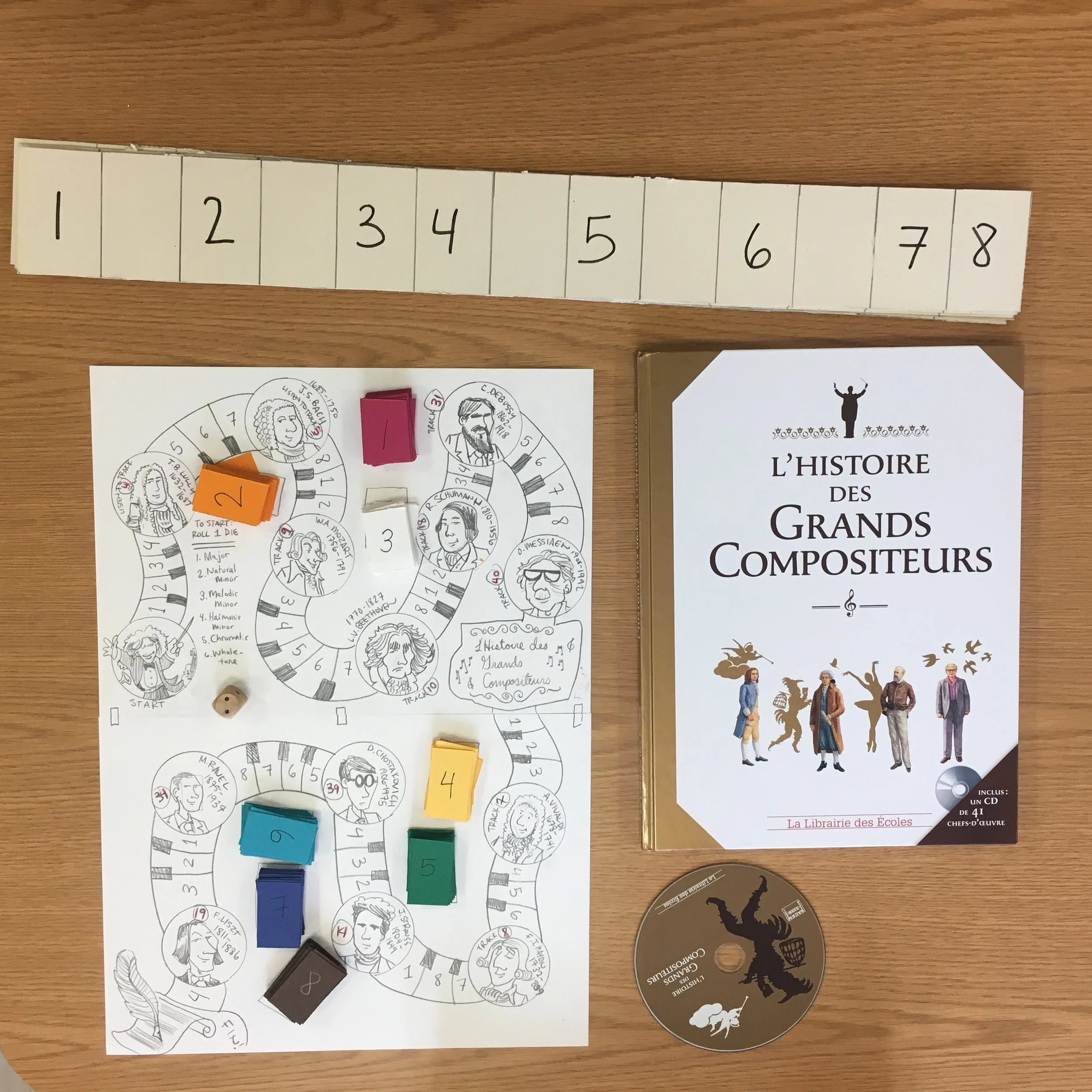 Everything you need for the composer game: game board, colored cards, die, and book with CD. (The tone bars aren’t pictured here.)