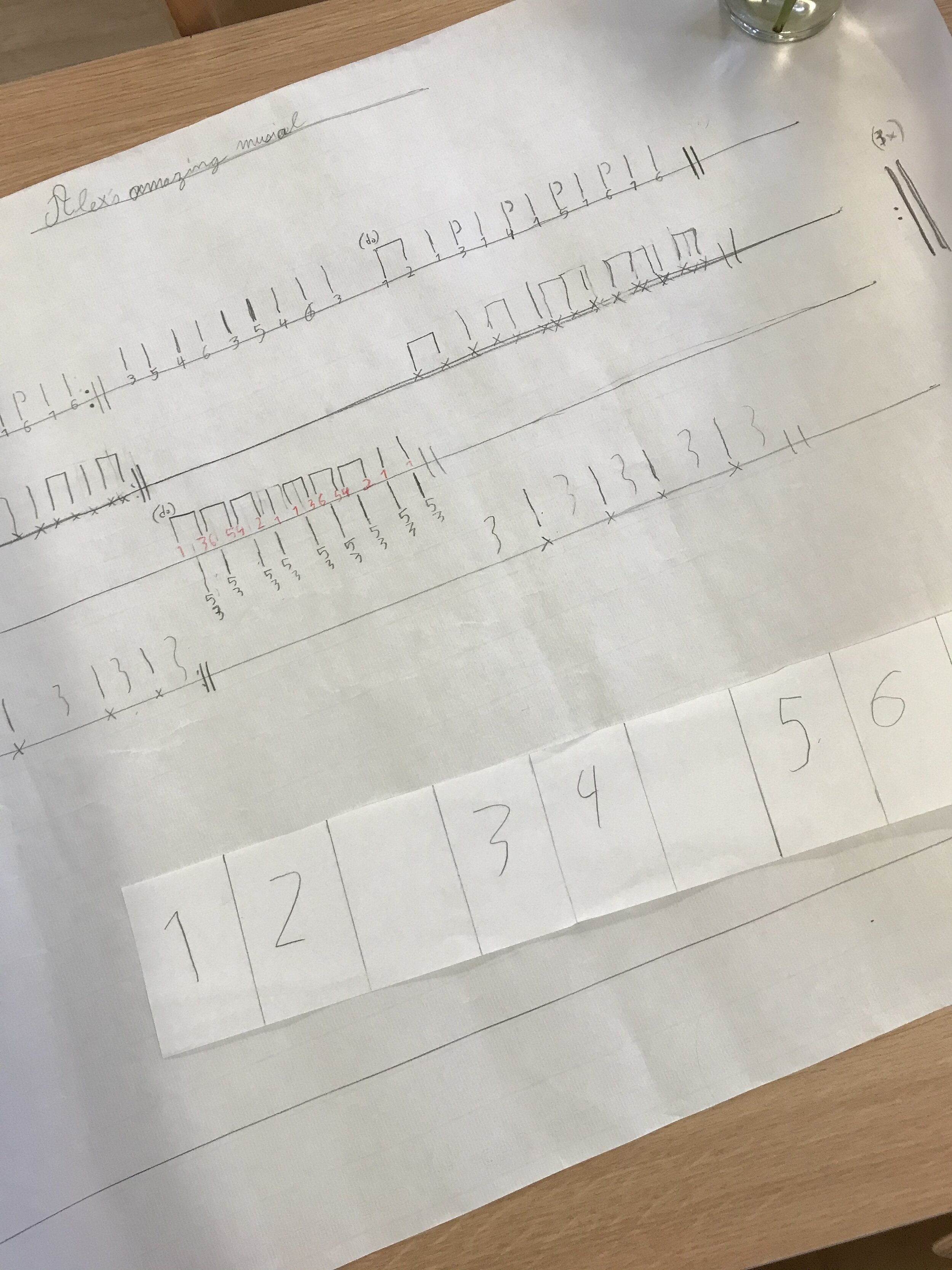 Alex wrote his “amazing musical” in stick notation and standard percussion notation. The piano part is particularly clever. Above the line, in red numbers, he wrote a stick-notated part for the right hand, and below the line, in black, he wrote the …