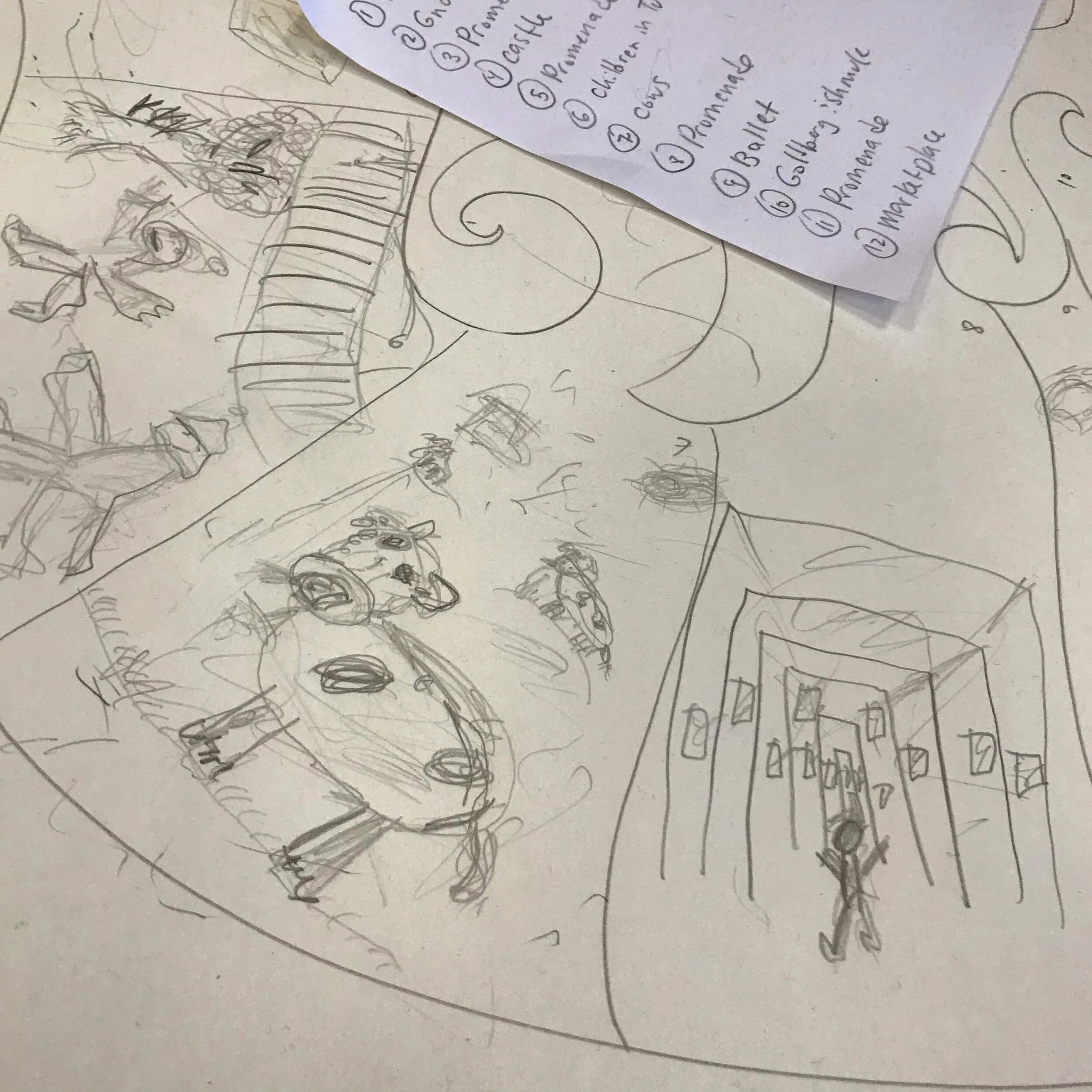 Detail of spaces for the movements called Cows and Promenade III. You can see where Zack scribbled over Desiree’s cows because he thought her lines were too clean. This led to about 10 minutes of mediation. That’s the elementary for you.