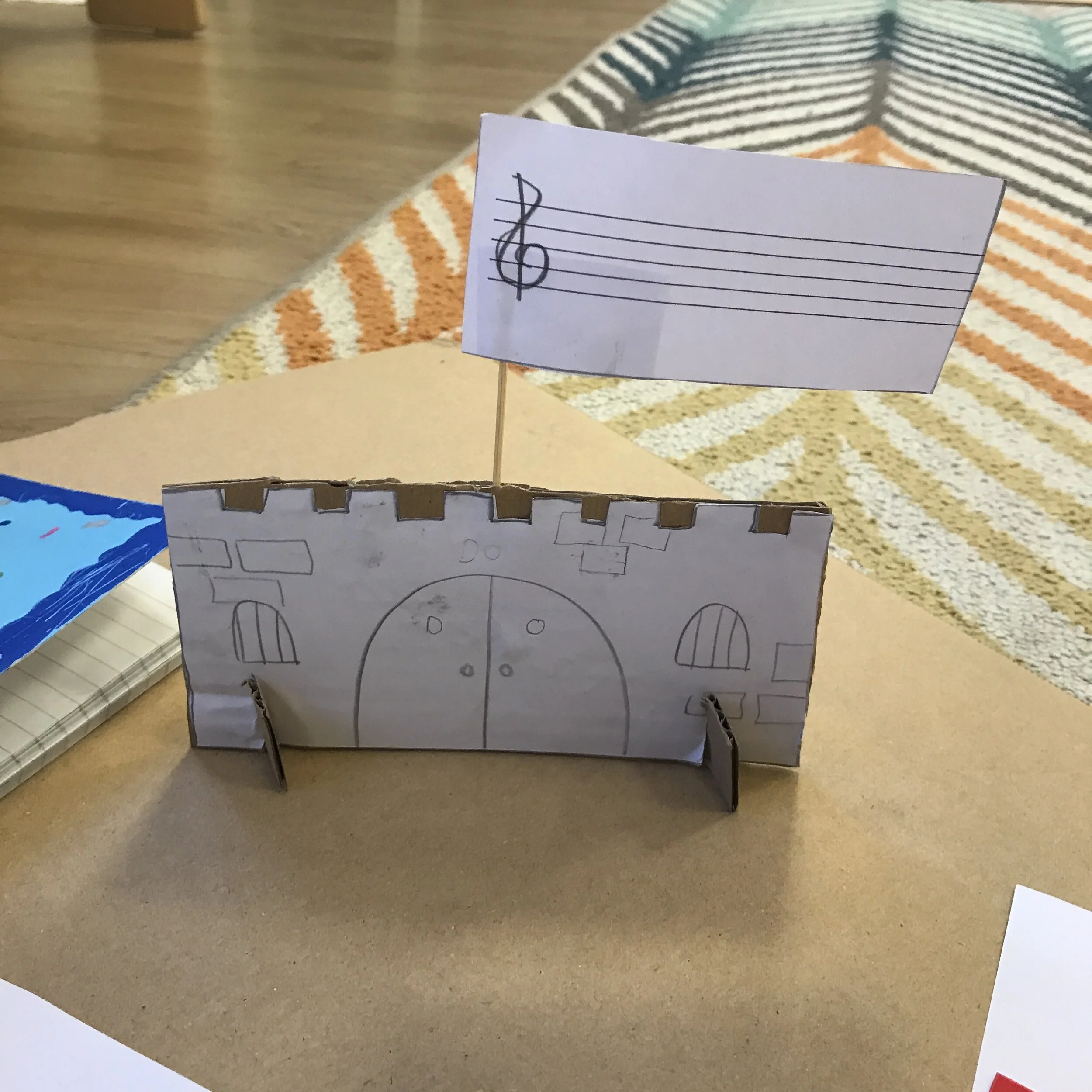 Behold: the simple, elegant, striped coat of arms that sits atop the gate to the kingdom of Do, or C, in the English note naming system. The children got the idea to write the name of the key’s tonic on the door. Clever!